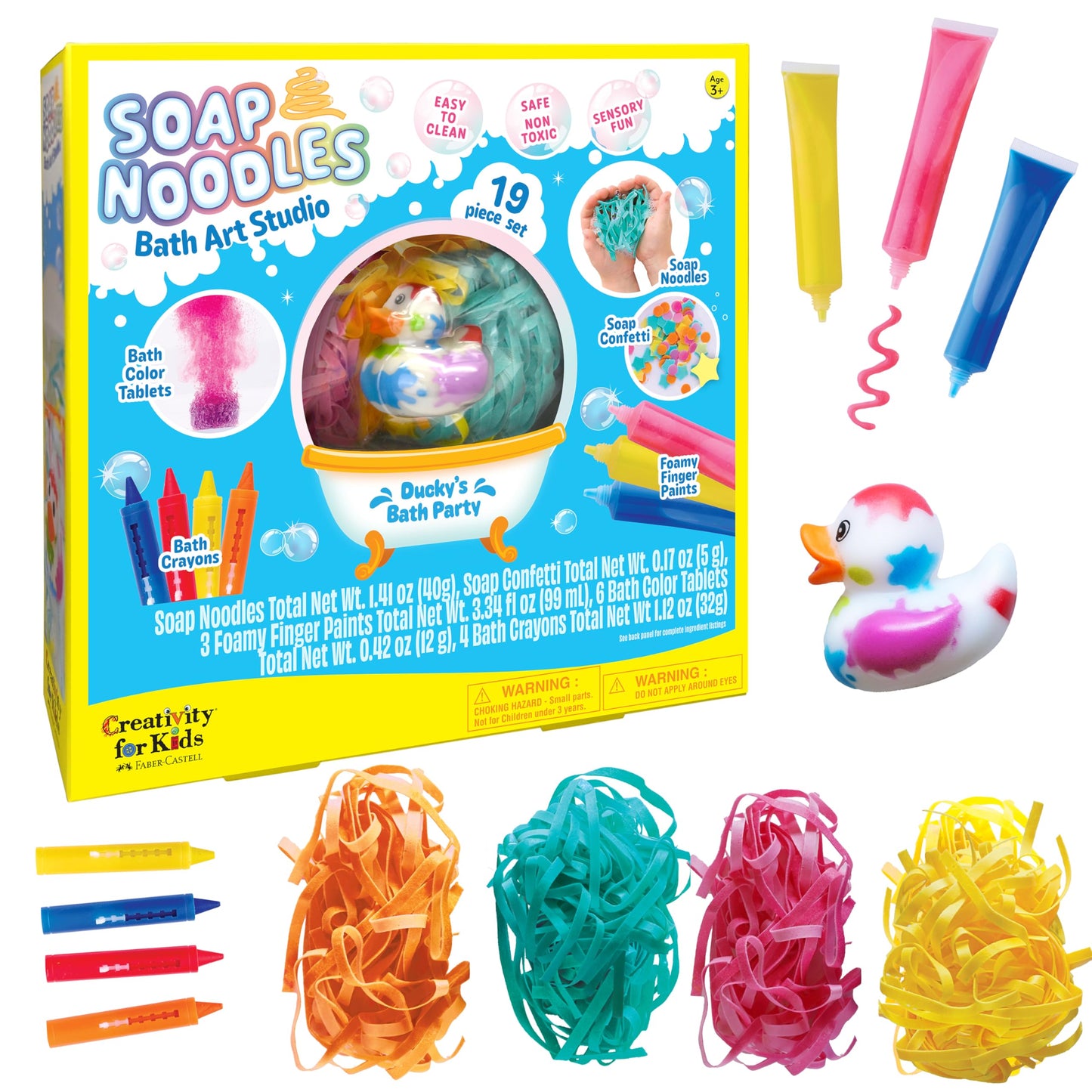 Creativity for Kids Soap Noodles Bath Art Studio – Bath Crayons, Soap Paint, Color Fizz & Confetti with Mold-Free Rubber Duck | Washable Bathtub Art & Sensory Toy Set for Toddlers and Kids (Ages 3+)