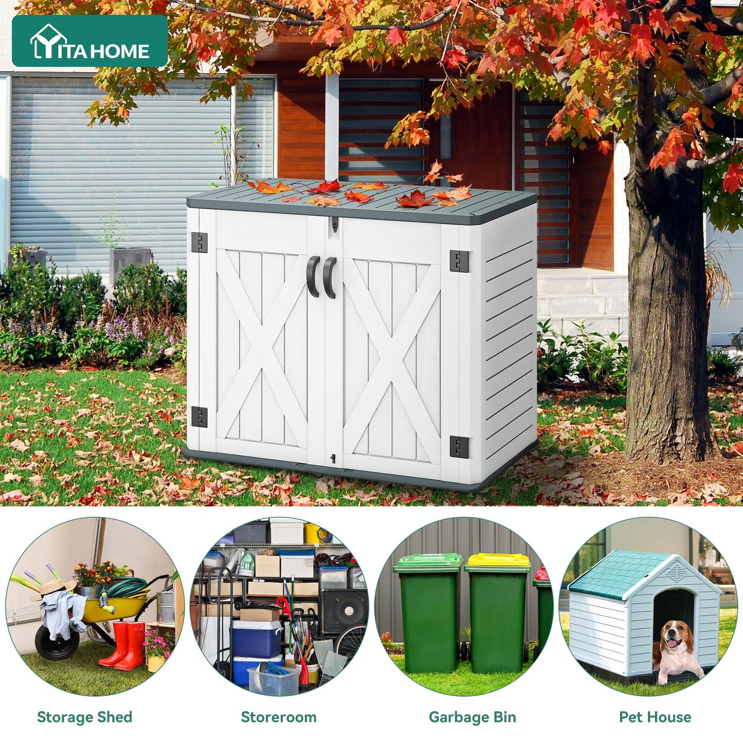 YITAHOME Outdoor Horizontal Storage Shed with X-Shaped Lockable Door, 35 Cu Ft Weatherproof Resin Tool Shed w/o Shelf, Ideal for Bike, Trash Cans, Garden Tools, Lawn Mowers, Light Gray