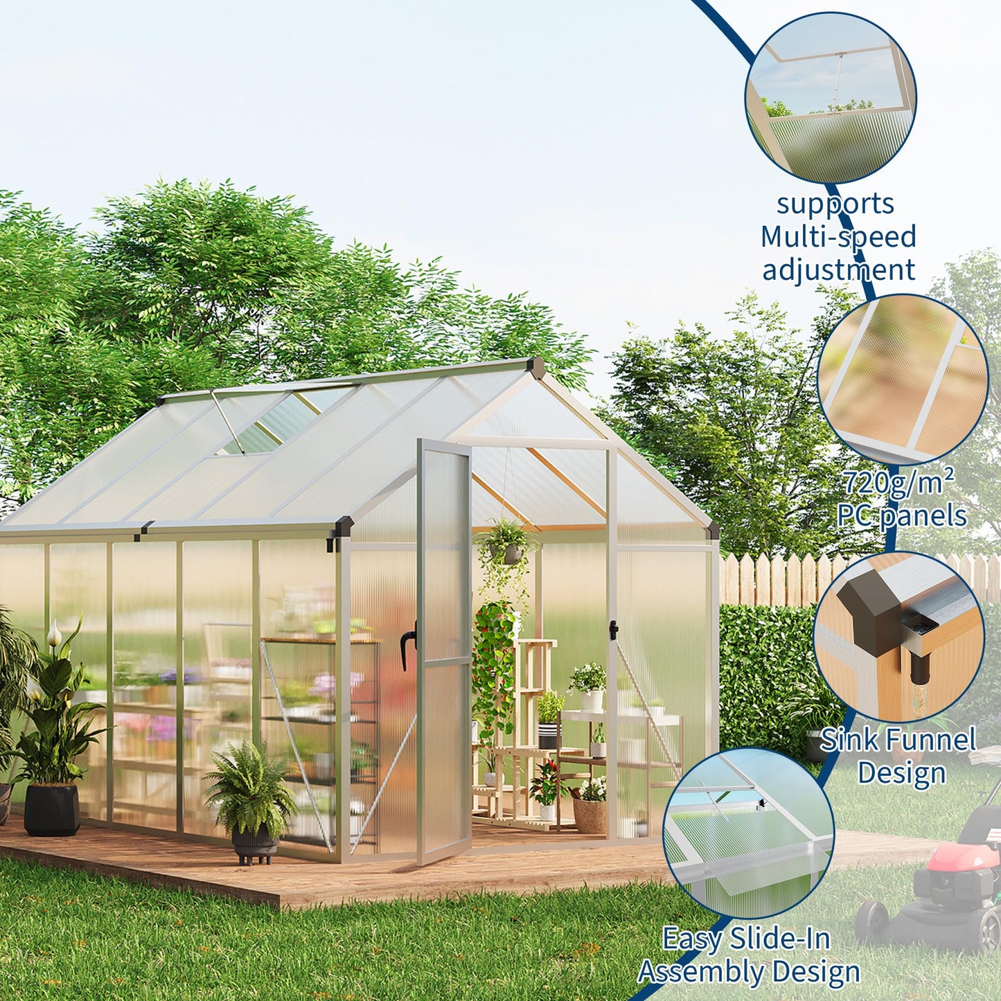 6X10 FT Greenhouse for Outdoors, Large Walk-in Polycarbonate Greenhouse Kit, Aluminum Frame, Lockable Door, Roof Vent, Ground Spikes, for Garden, Patio, Backyard, Outdoor Plant Growth