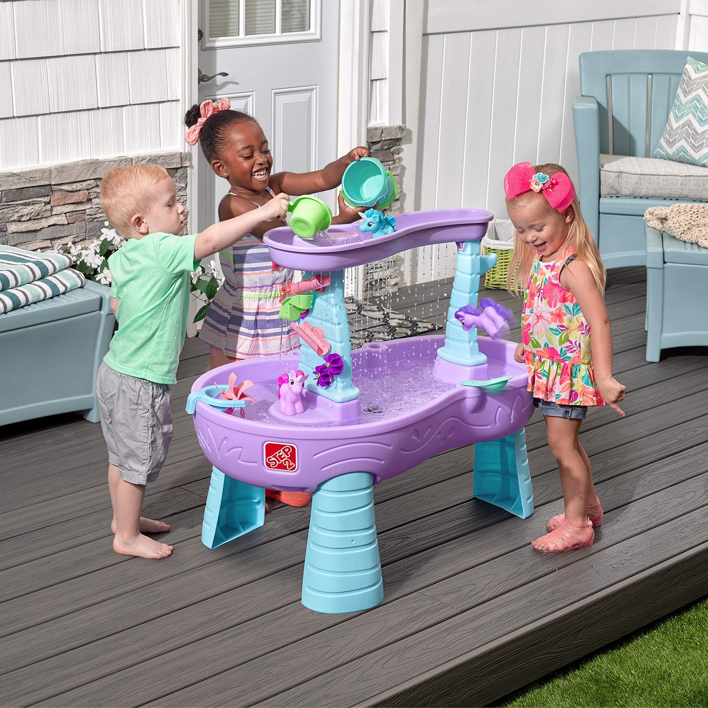 Step2 Rain Showers and Unicorns Water Table, Kids Water and Sand Activity Sensory Playset, Summer Outdoor Toys, 13 Piece Water Toy Accessories, for Toddlers 1.5+ Years Old, Blue & Purple