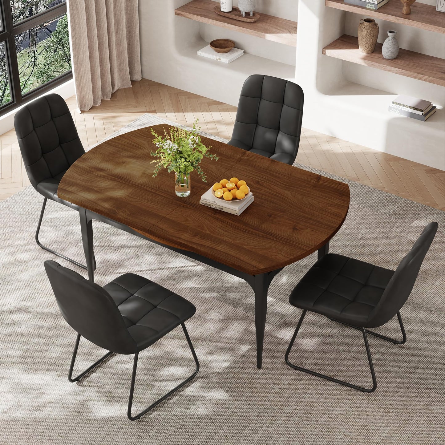 HIPIHOM Expandable Folding Dining Table Set, 55-Inch Round to Square Table with 6 Upholstered Chairs, Metal Frame, for Dining Room or Apartment (Round Table + 6 Black Modern Dining Chairs)
