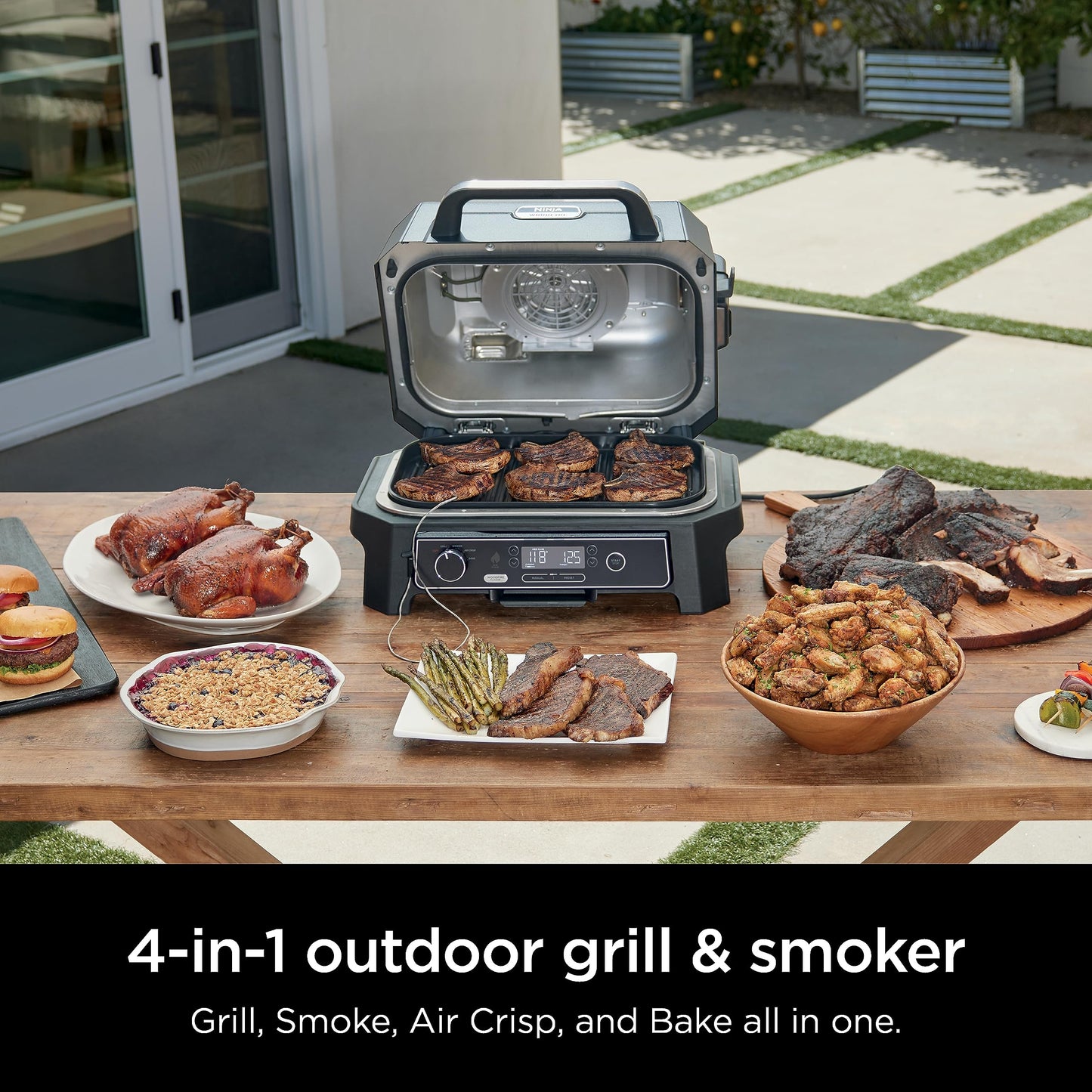 Ninja | Grill & Smoker | Outdoor Woodfire Pro XL | 4 in 1 Grill, BBQ Smoker, Air Fryer & Bake | Portable | Includes Built in Thermometer & 2 Woodfire Pellet Packs | Dark Grey | OG850
