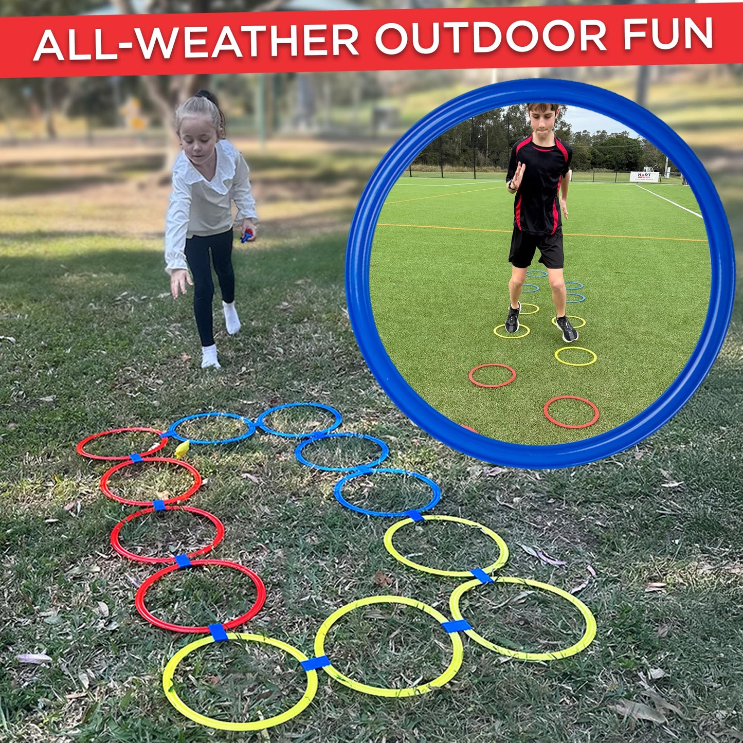 Covelico Hopscotch Rings, 12 x 11 Inch Rings & 3 Bean Bags, Play Hopscotch Outdoor & Indoor Obstacle Course for Kids 3-5, Recess Toys & Physical Education Equipment, Gross Motor Games PE Equipment