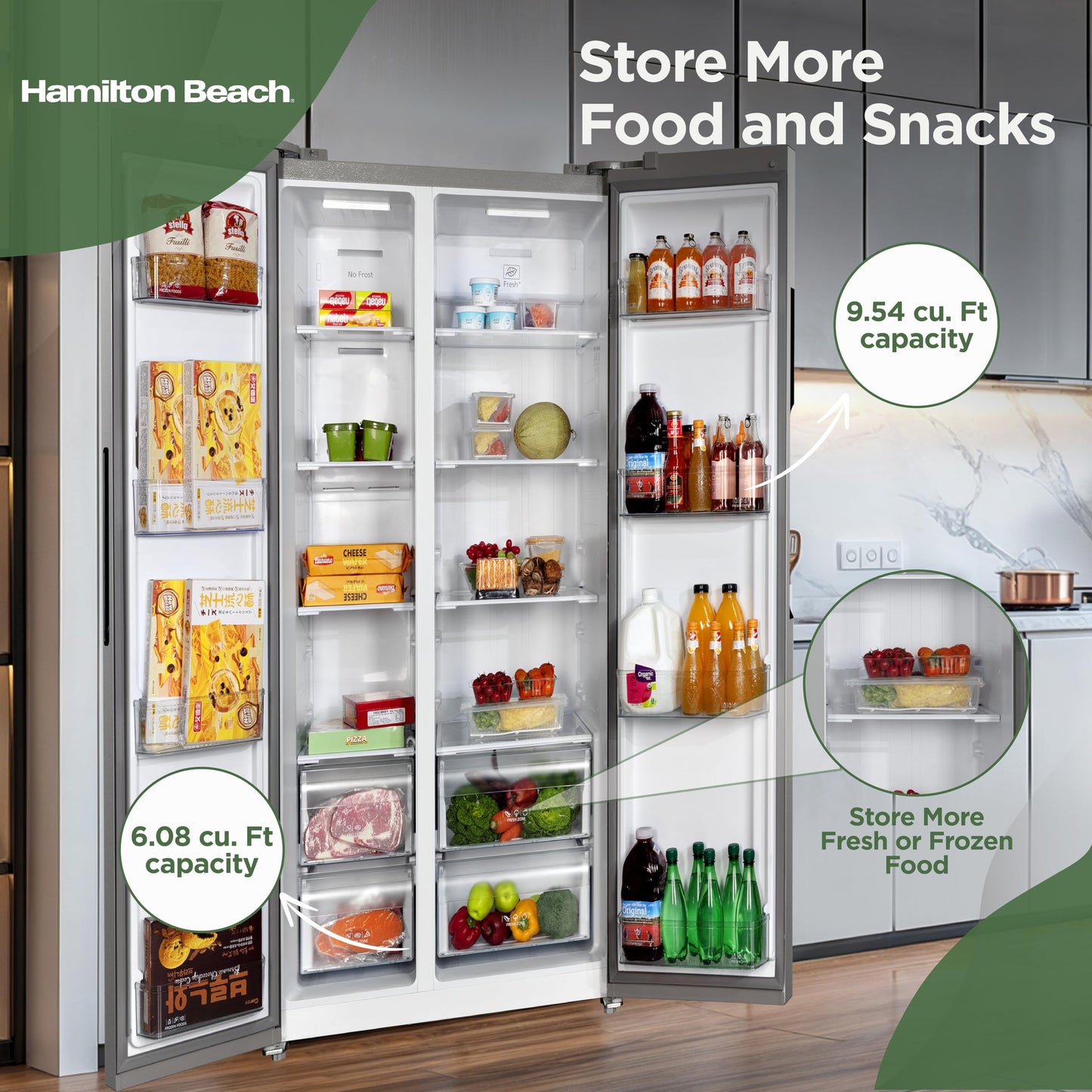 Hamilton Beach HBF1558 15.6 cu ft Counter Depth Full Size Refrigerator, Side Doors, Stainless