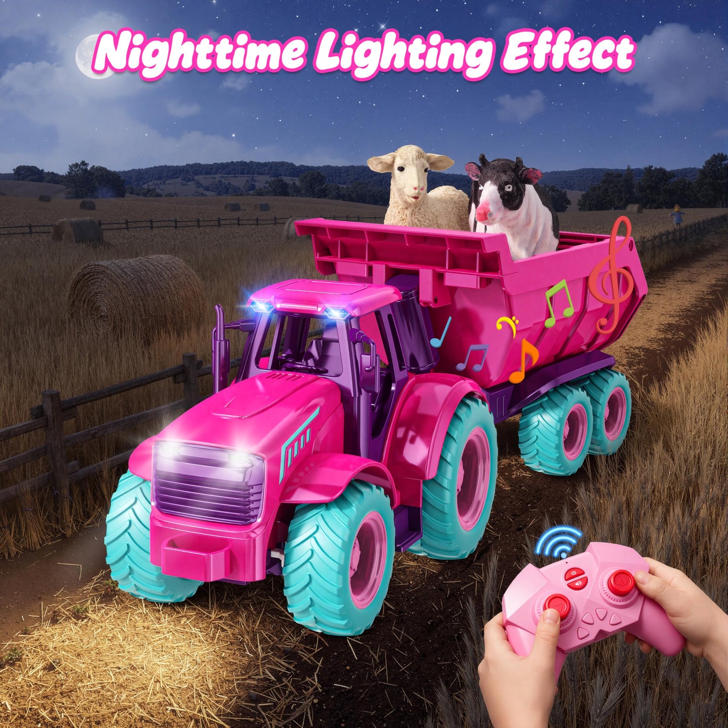 Funwee RC Tractor Toy Set with Light & Sound, Kids Farm Car Animal Trailer Wheels Remote Truck, Outdoor Vehicle Toys for 3-7+ Years Old Toddler Boy and Girl Gift(Rose red)
