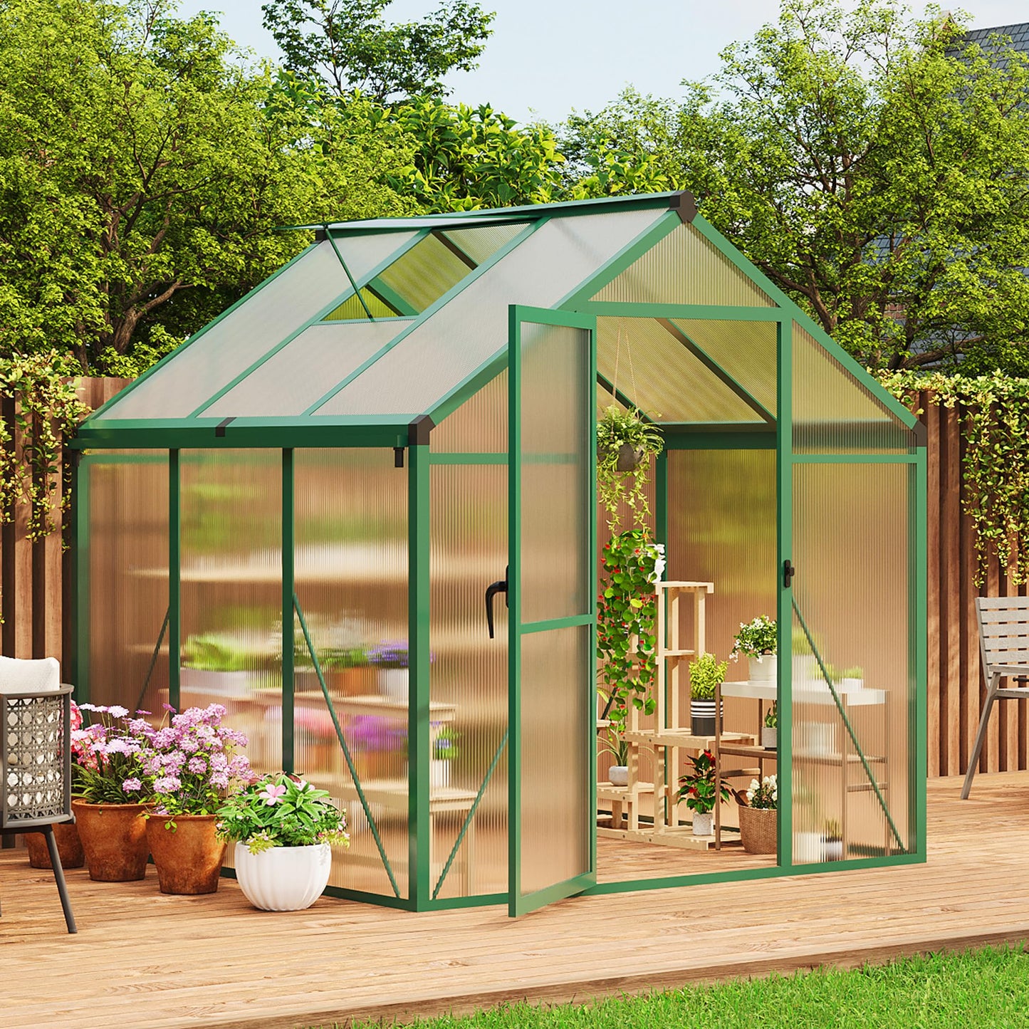 6X6 FT Greenhouse for Outdoors, Large Walk-in Polycarbonate Greenhouse Kit, Aluminum Frame, Lockable Door, Roof Vent, Ground Spikes, for Garden, Patio, Backyard, Outdoor Plant Growth