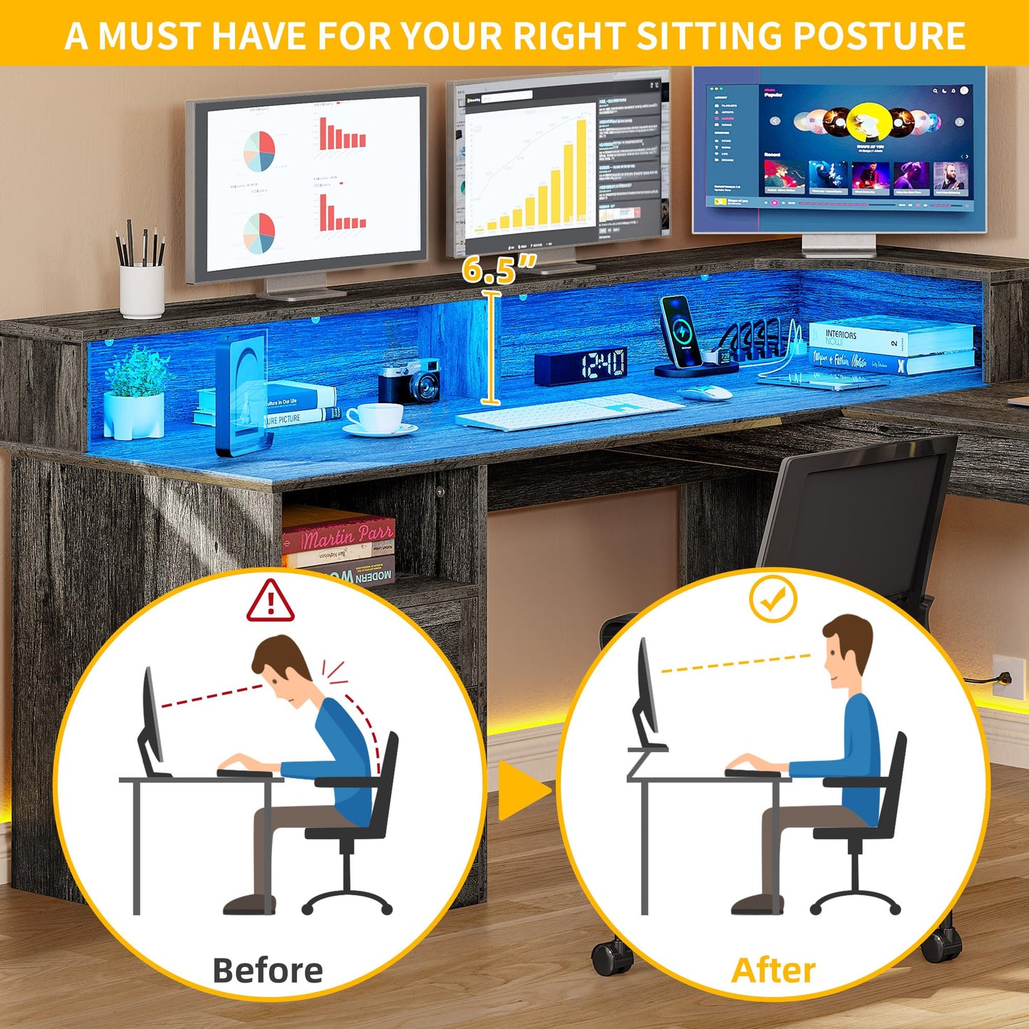 DWVO L Shaped Desk with Drawers, 60" Corner Computer Desk with Power Outlets & Lift Top, Home Office Desk with Storage Cabinet & LED Lights, Wood Desk, Height Adjustable Desk, Grey