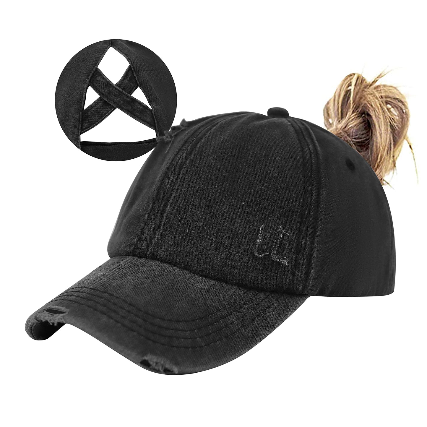 HGGE Women Ponytail Criss Cross High Messy Buns Ponycaps Baseball Cap Adjustable Cotton Distressed Dad Trucker Hat