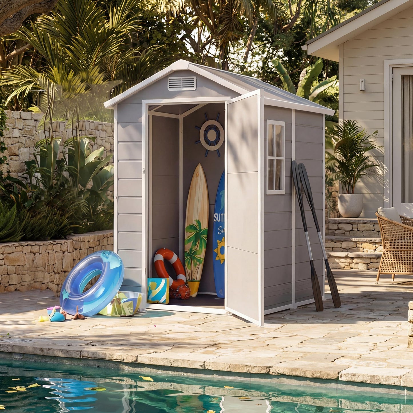 Plastic Outdoor Storage Shed with Floor & Window, 4x6 ft Resin Garden Shed for Patio, Lawn Mower, Bike & Tool, Waterproof Outdoor Storage with Lockable Door & 2 Vents & Sloped Roof for Backyard