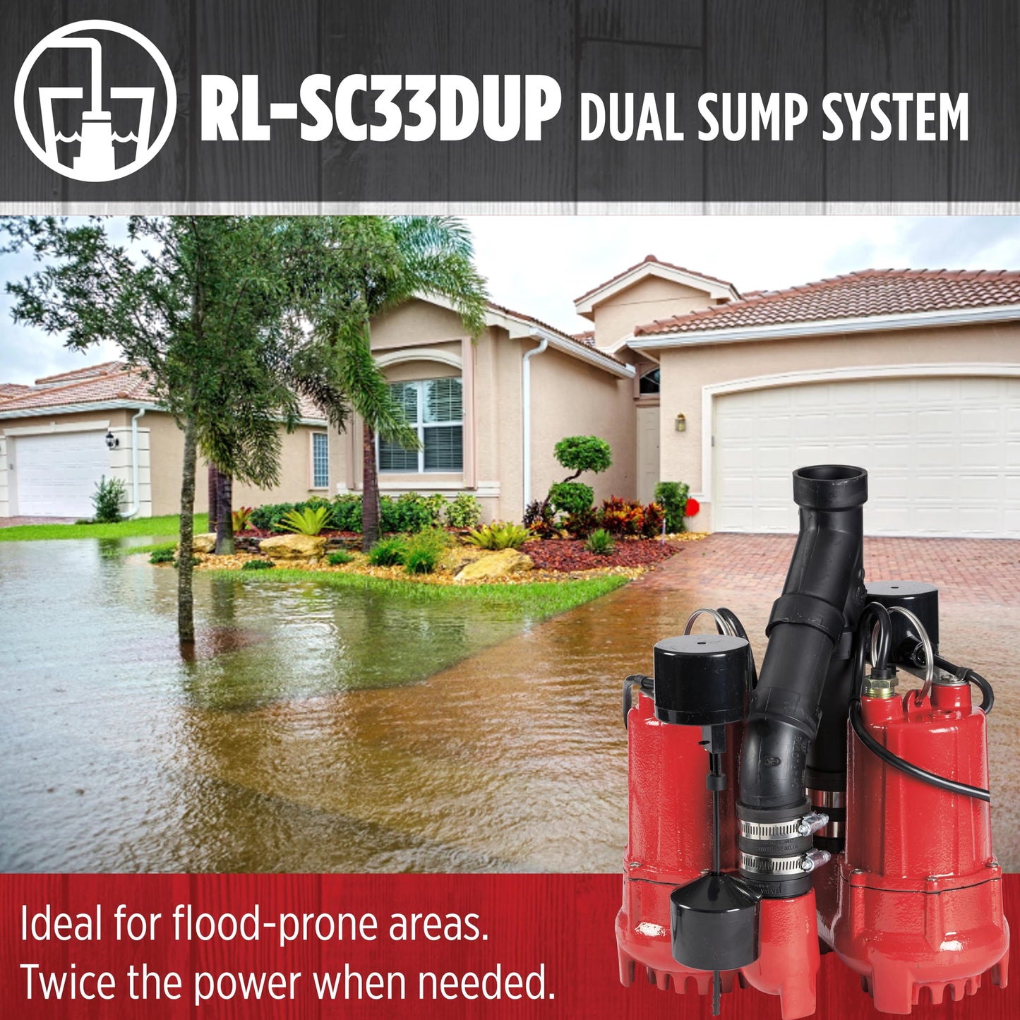 Red Lion RL-SC33DUP 115 Volt, 1/3 HP, 6000 GPH Dual Automatic Cast Iron Sump Pump System with 10-Foot Cord, Red, 14942771