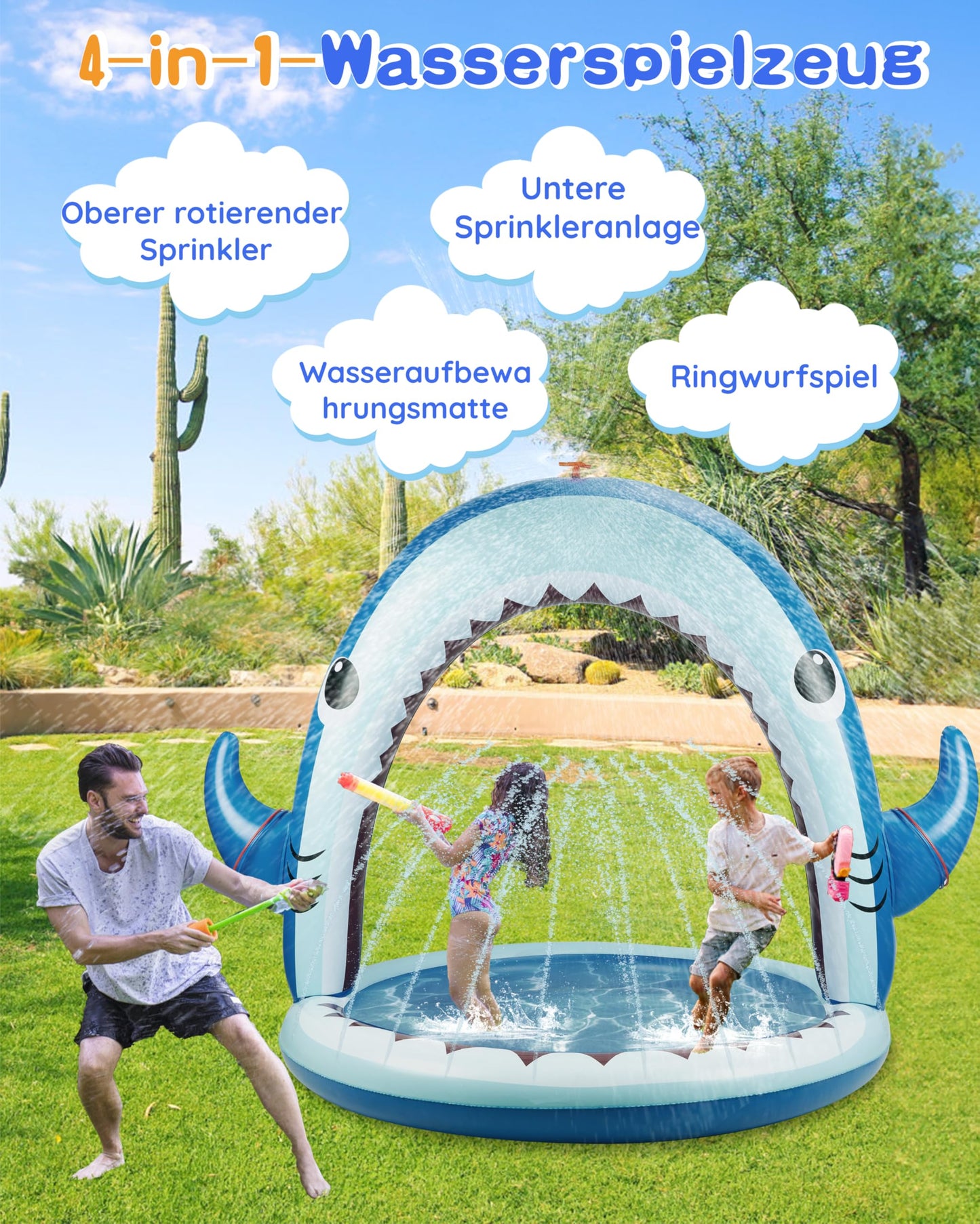 Gleamkid Giant Shark Sprinkler for Kids - Inflatable Water Toys Splash Pad with 360° Spray,4 PCS Plastic Toss Rings,Outside Water Play for Yard,Fun Sprinkler Summer Game Gift Boys or Girls Ages 3-8