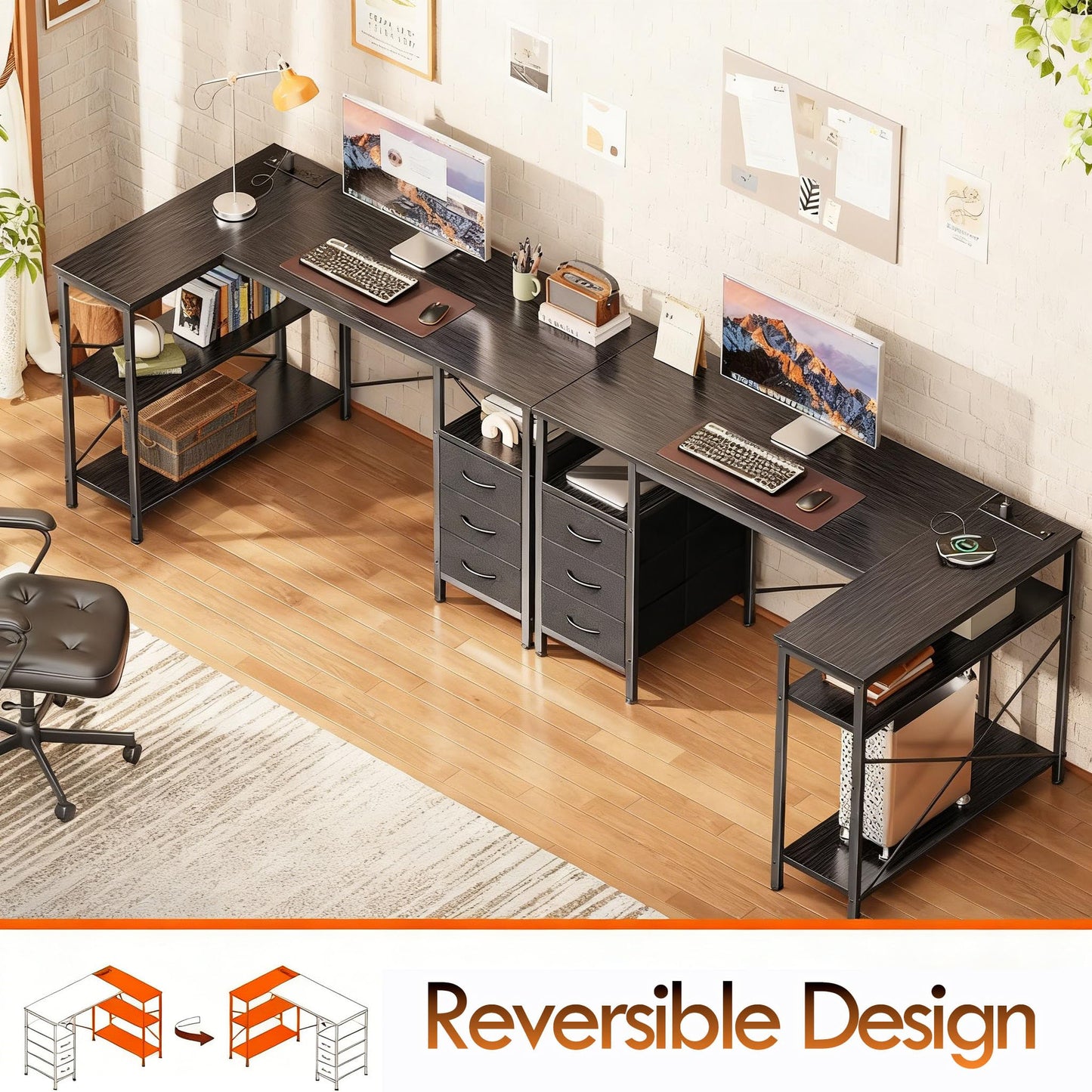 Alpen Computer Desk with Drawers, L Shaped Desk for Bedroom with Power Outlets, Gaming Table with 3 Drawers and Shelves, Corner Desk for Gaming, Study Writing PC Table, 47 Inch, Black