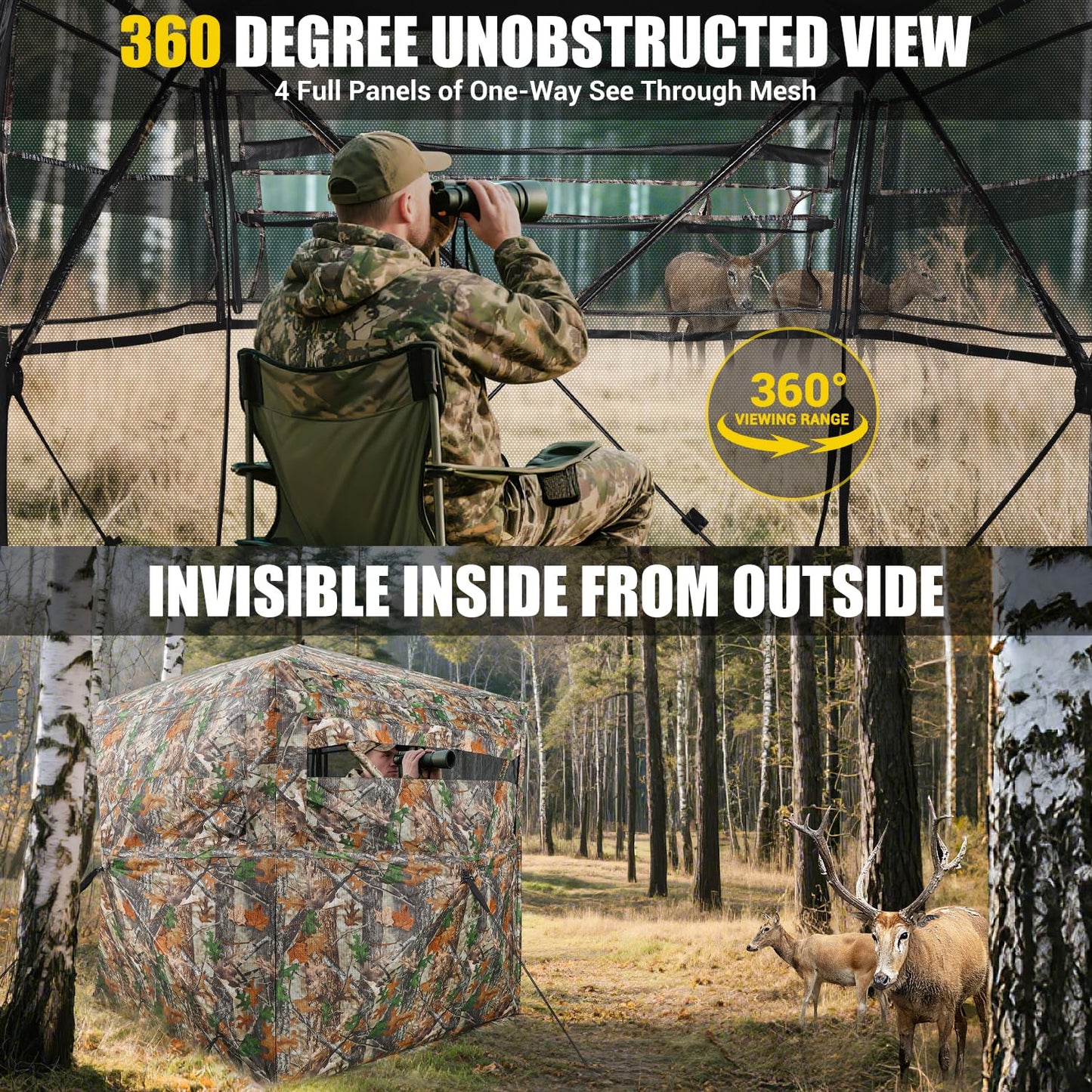 TYRSEN Hunting Blind with Magnetic Full Open Large Door & Silent Windows, 360° See Through Pop Up Ground Blind for 3-4 Person, Tent for Deer Turkey Hunting, Waterproof, Camo, Portable, Carry Bag