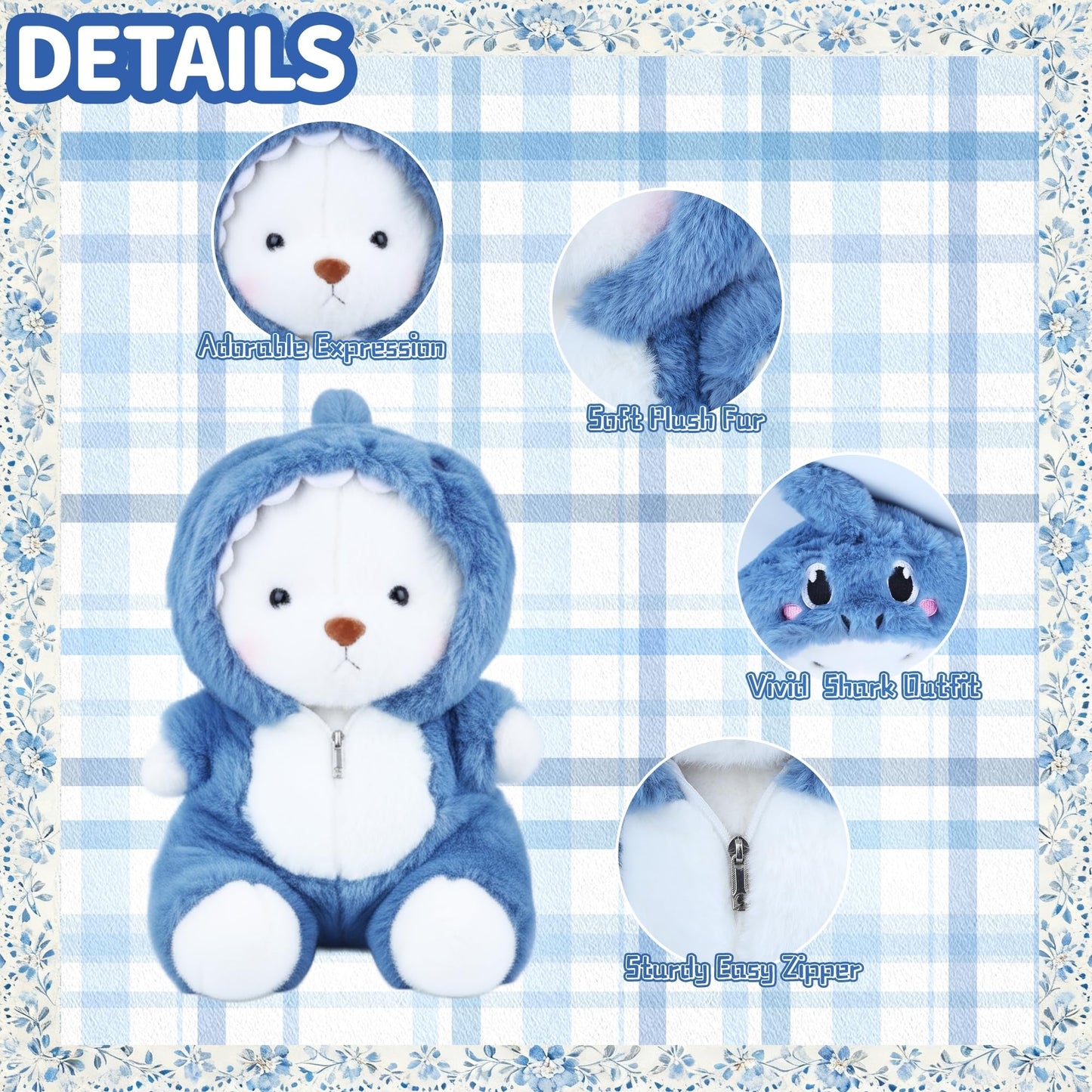 Teddy Bear Stuffed Animals, Teddy Bear Plushies Soft Funny Stuffed Toys with Removable Blue Shark Clothes, 13'' Emotional Support Cute Plush Figure Toys with Movable Legs for Toodlers Kids Women