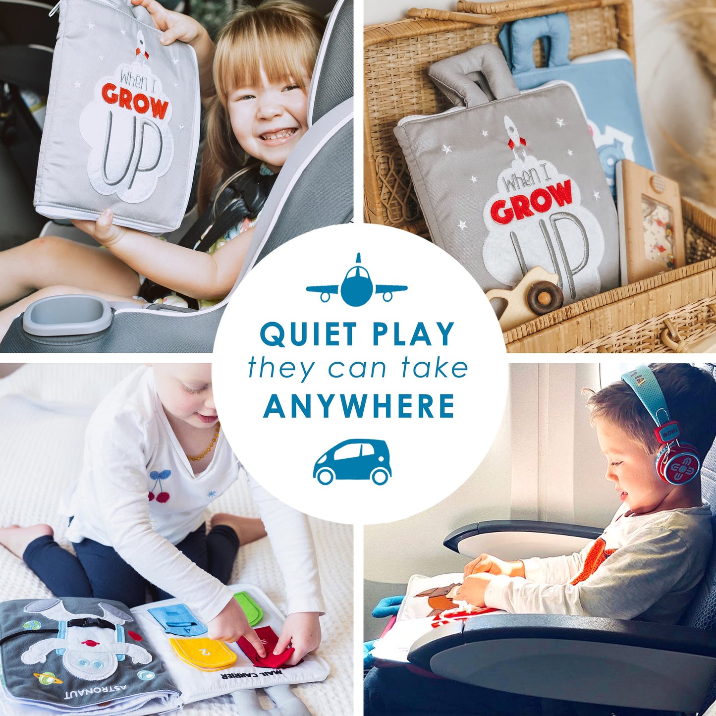 Curious Columbus Quiet Book Fabric Busy Book - Airplane Travel Toys for Kids - Montessori Toy Preschool Activity Books - Fun and Educational Fabric Book