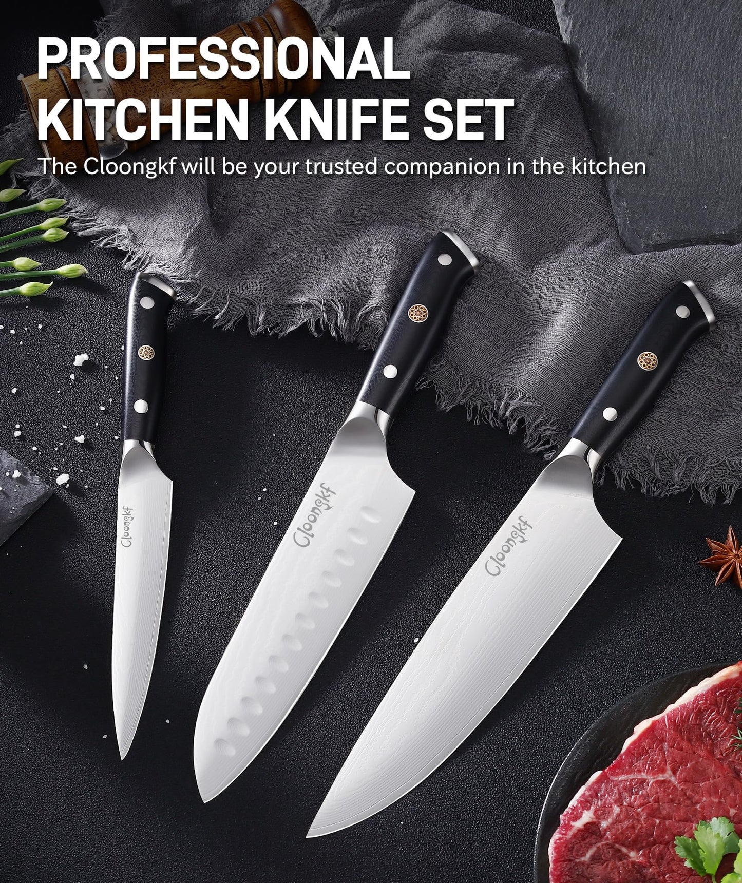 Cloongkf 3-Piece Damascus Kitchen Chef Knife Set- 8" Chef Knife, 7" Santoku, 5.5" Utility Knife Japanese High Carbon Stainless Steel with G10 Handle Gift Box Cutting Tools for Meat, Vegetables