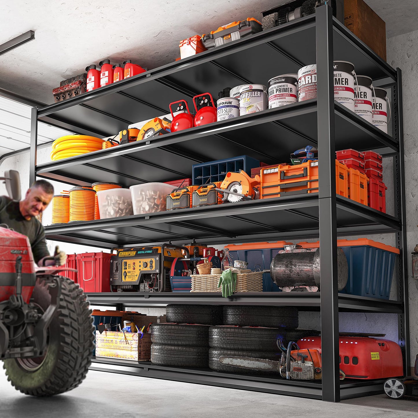 REIBII Garage Shelving 78" H, Garage Storage Shelves Heavy Duty Shelving Unit Load 3000LBS, 5 Tier Adjustable Metal Shelves for Warehouse, Basement, Pantry, Factory, 55" W x 26" D x 78" H