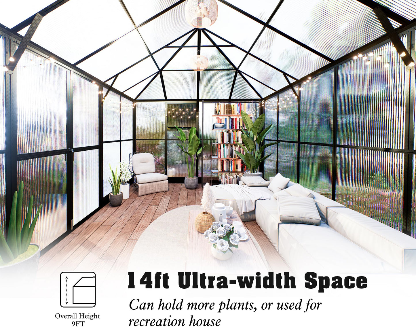 Howe 14x9.5x9 FT Polycarbonate Greenhouse with 2 Vents and Double Swing Doors 6FT Added Wall Height, Walk-in Large Sunroom Aluminum Greenhouse for Outdoors, Black