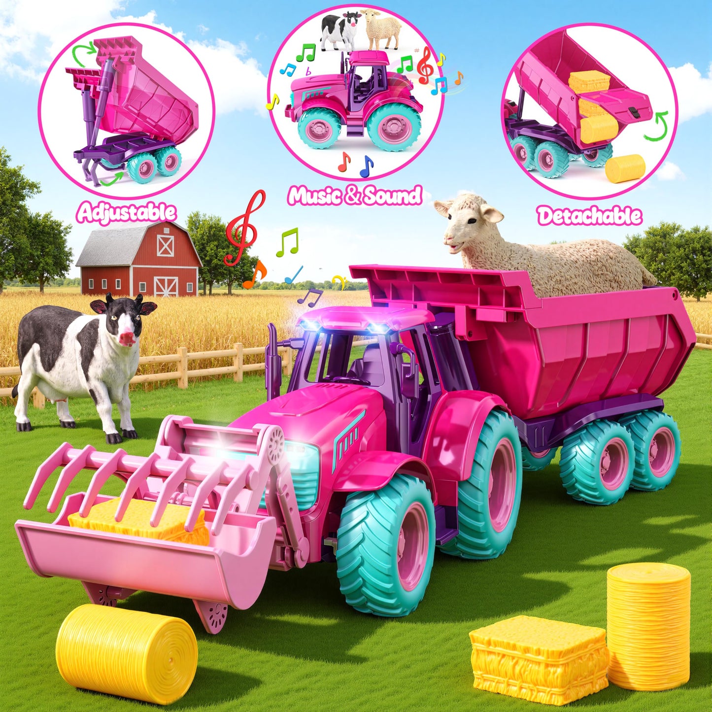 Funwee RC Tractor Toy Set with Light & Sound, Kids Farm Car Animal Trailer Wheels Remote Truck, Outdoor Vehicle Toys for 3-7+ Years Old Toddler Boy and Girl Gift(Rose red)