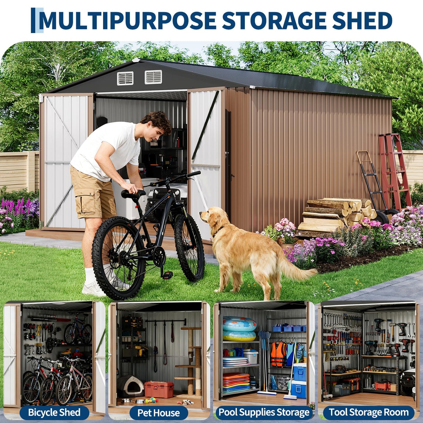 GarveeLife 12 X 10 ft Outdoor Storage Shed, Metal Garden Sheds & Outdoor Storage with Updated Frame Structure, Backyard Garden Terrace Tool Shed for Backyard, Lawn, Patio, Bike Storage, Brown