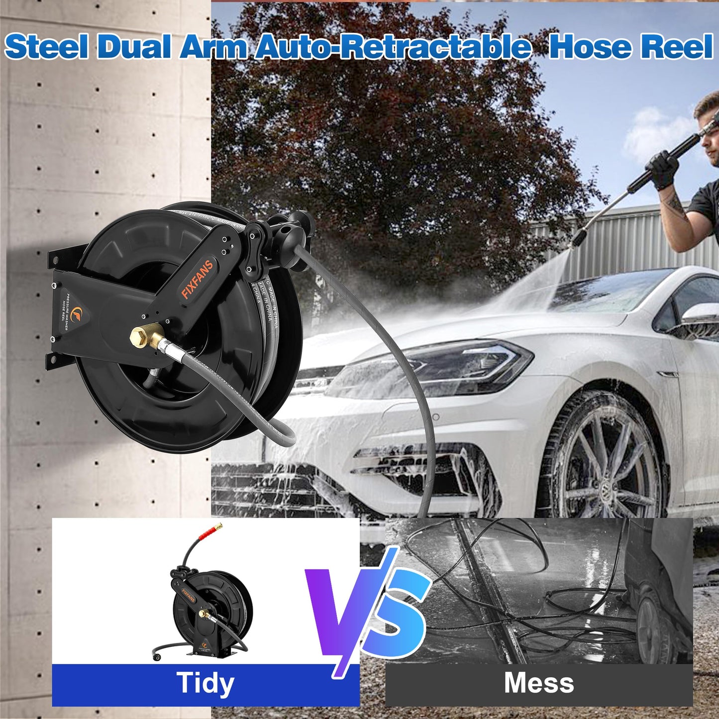 FIXFANS Pressure Washer Hose Reel with Hose for Hot and Cold Water, 3/8" X 50 FT Steel Auto-Retractable High Power Wash Hose Reel, Heavy Duty Hose Reel - Wire Braided Hose 4000 PSI, Black
