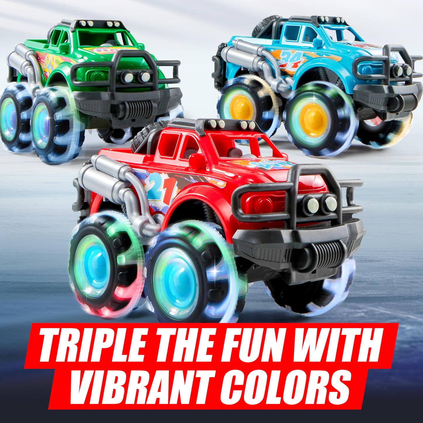 Vroomix JOYIN 3 Pack Monster Truck Toy - Toy Truck with Flashing LED Wheels - Light-Up Friction-Powered Cars for Toddlers - Boys Girls Birthday Gift
