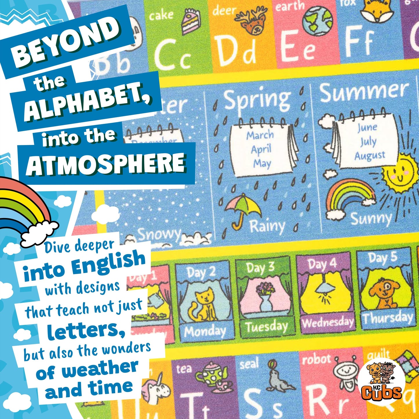 KC Cubs 8x10 ABC Alphabet, Seasons, Months & Days Rug – Educational Play Mat Carpet for Kids, Toddlers, Nursery, Classroom, Playroom, Baby Daycare