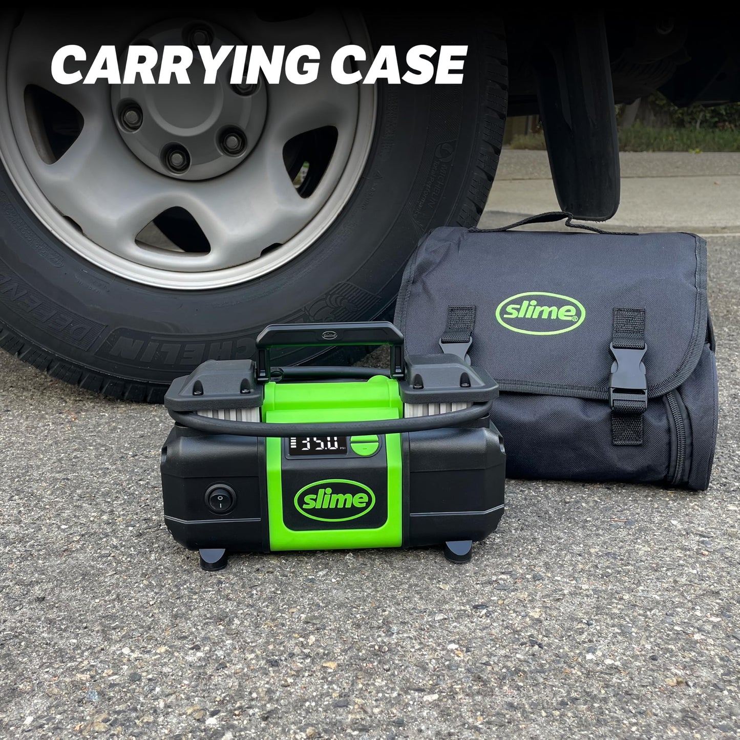 Slime 40083 Tire Inflator, Super Duty Pro Power, Battery Connection, Dual Piston, with Digital 0-99 psi Gauge, Long Hose and LED Light, Alligator Clips, 2 min Inflation