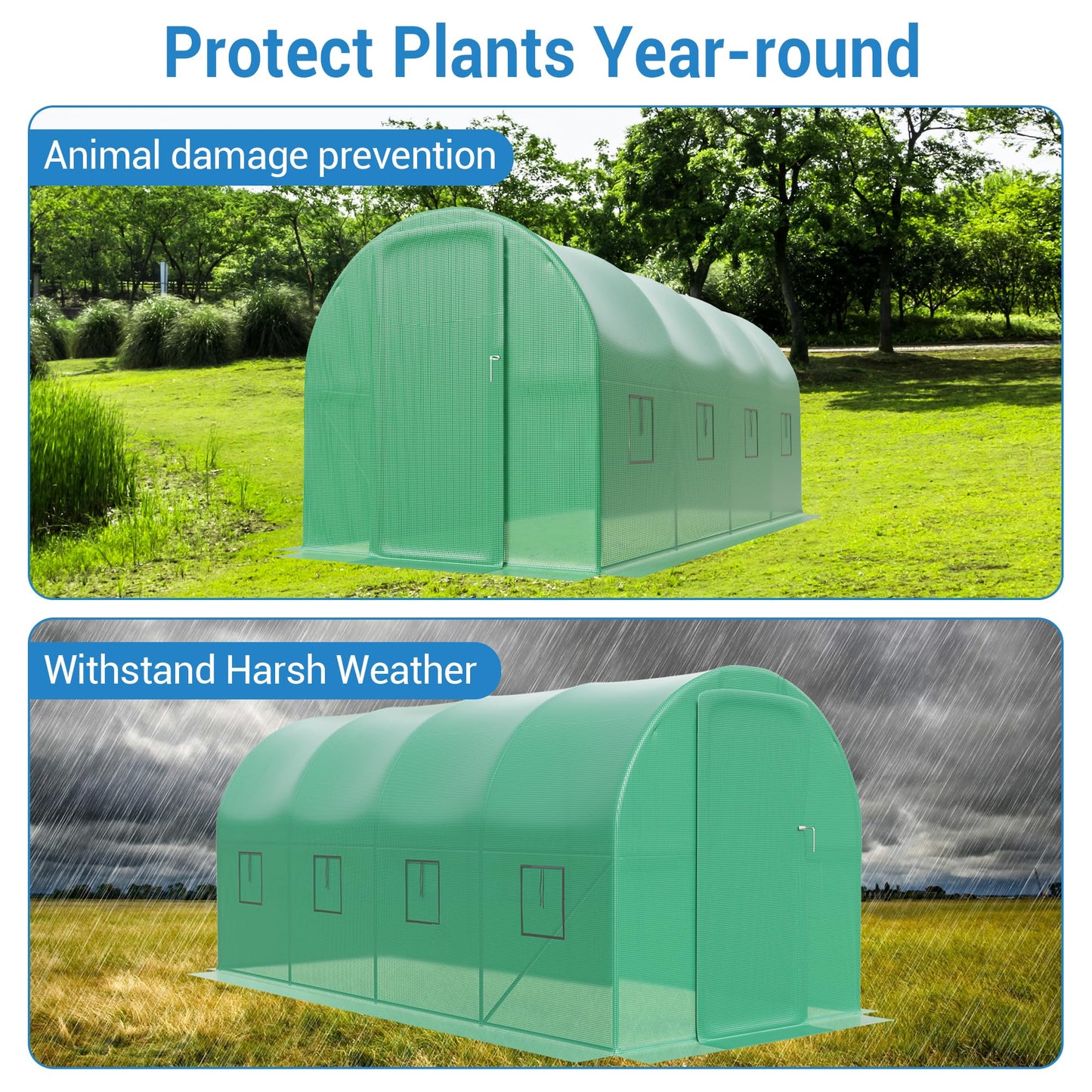 15x7x7FT Walk in Greenhouses for Outdoors - Heavy Duty Galvanized Steel Hoop Green House with PE Cover, 8 Windows & A Swing Door, Plant Tunnel for Gardening, Vegetables & Year-Round Growing