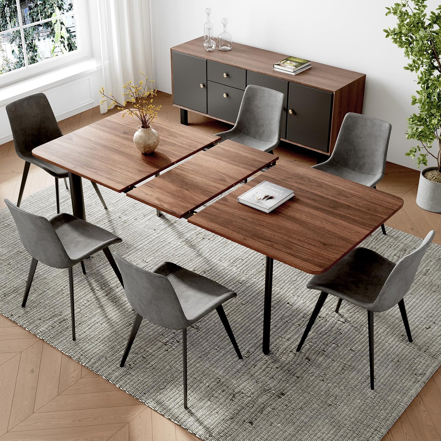 HIPIHOM 63"- 78.7" Extendable Dining Table Set for 6, Modern Kitchen Table with 6 PU Leather Chairs, Thickened Expandable MDF Wooden Table with Metal Legs for Dining Room, Kitchen, Living Room
