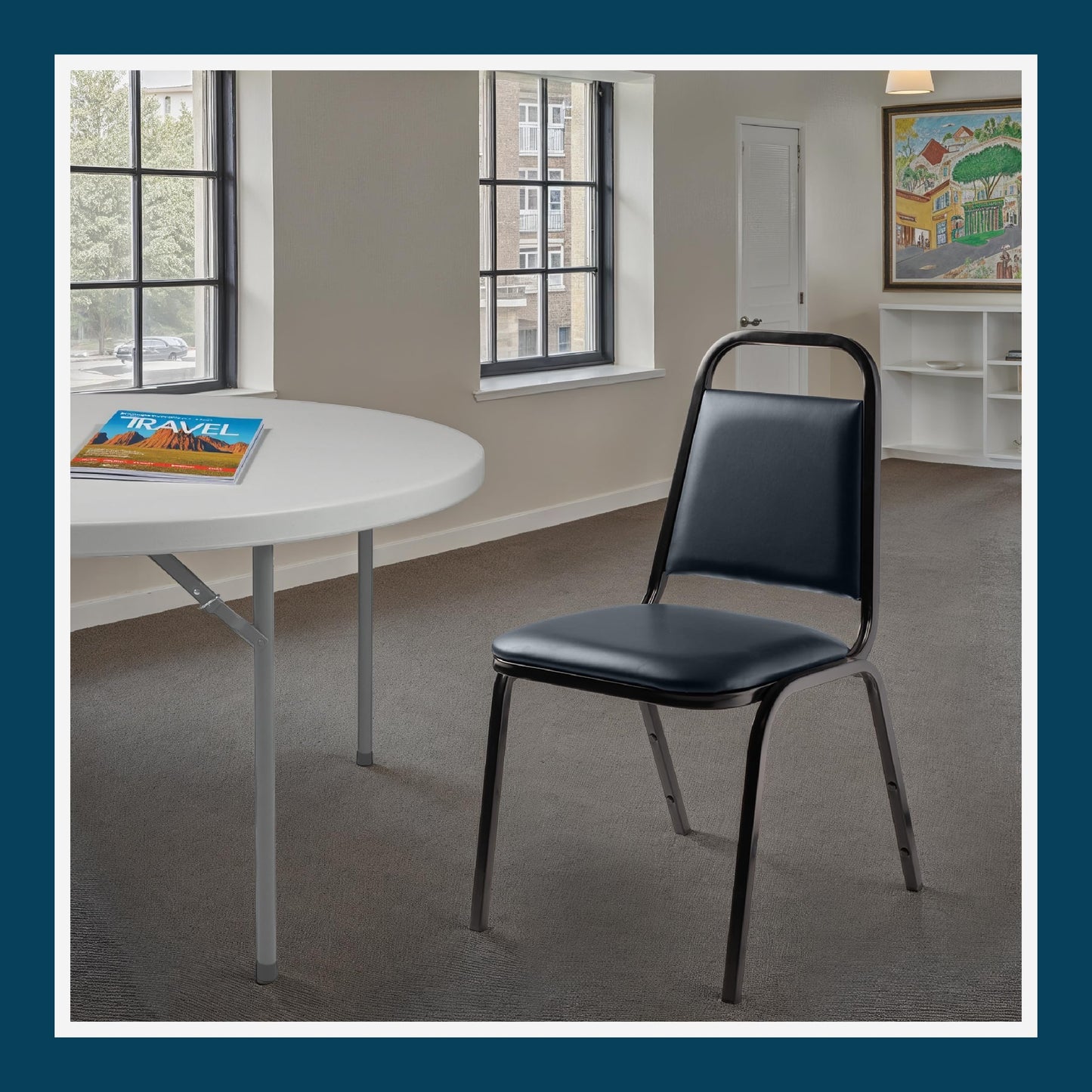 OEF Furnishings OEF9100 Series Banquet Chairs Premium Commercial Seating (4 Pack, Vinyl, Midnight Blue, Black Frame)