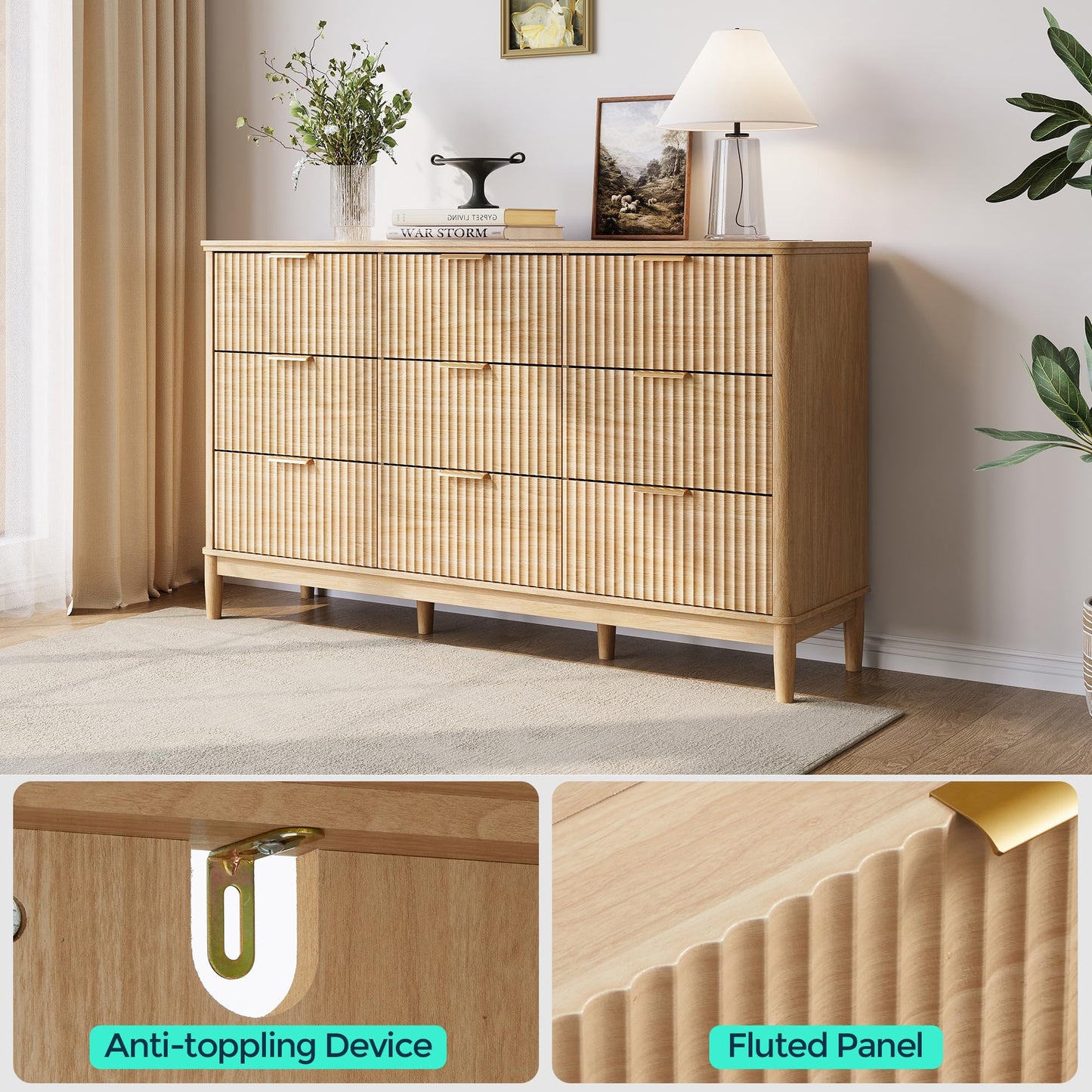 LINSY Fluted Dresser for Bedroom with 9 Drawers, Mid Century Modern Chest of Drawers with Gold Metal Handles, Wide Boho Wood Dressers, Large Farmhouse Storage Cabinet for Bedroom, Living Room, Oak