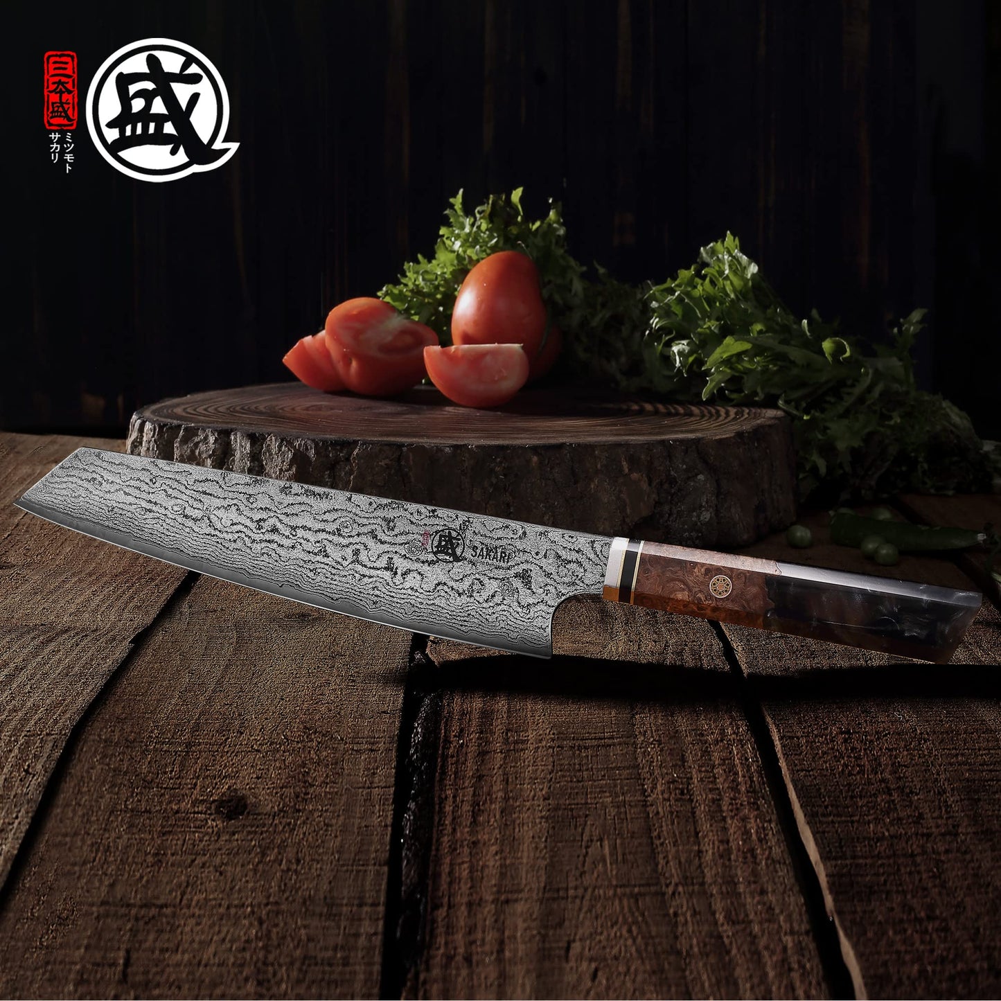 MITSUMOTO SAKARI 8 inch Kiritsuke Chef Knife & Japanese Sushi Knife, Hand Forged AUS-10 Damascus Steel with Shadowwood Handle & Sandalwood Box