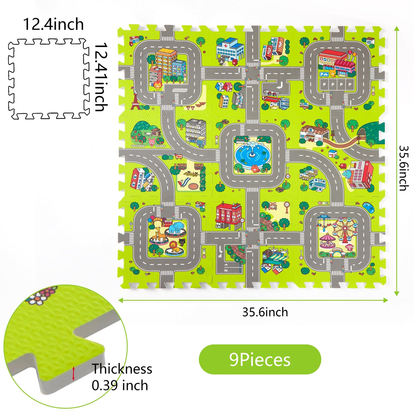 PLAY 10 Baby Play Mats for Floor, Foam Play Mat, Interlocking Foam Tiles City Road Track Puzzle Mat 9 Pieces