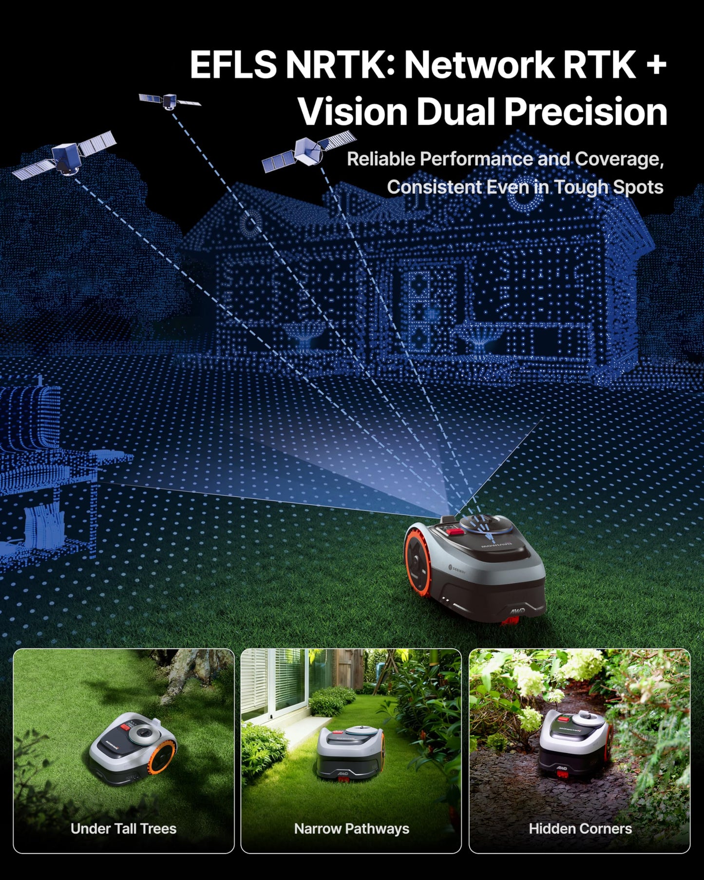 Segway Navimow i206 AWD Robot Lawn Mower, Wire-Free Robotic Mower, All-Wheel Drive for 45% Slopes, 2–3.6 in Adjustable Cutting Height, NRTK + Vision, Auto Mapping, 2.55Ah Battery, Covers 0.15 Acre