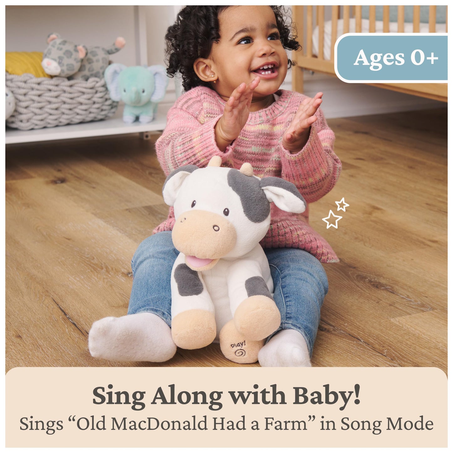 GUND Baby Buttermilk the Cow Animated Plush, Singing Stuffed Animal Sensory Toy, Sings Old Macdonald and Teaches Animal Sounds, Cream/Grey, 12”