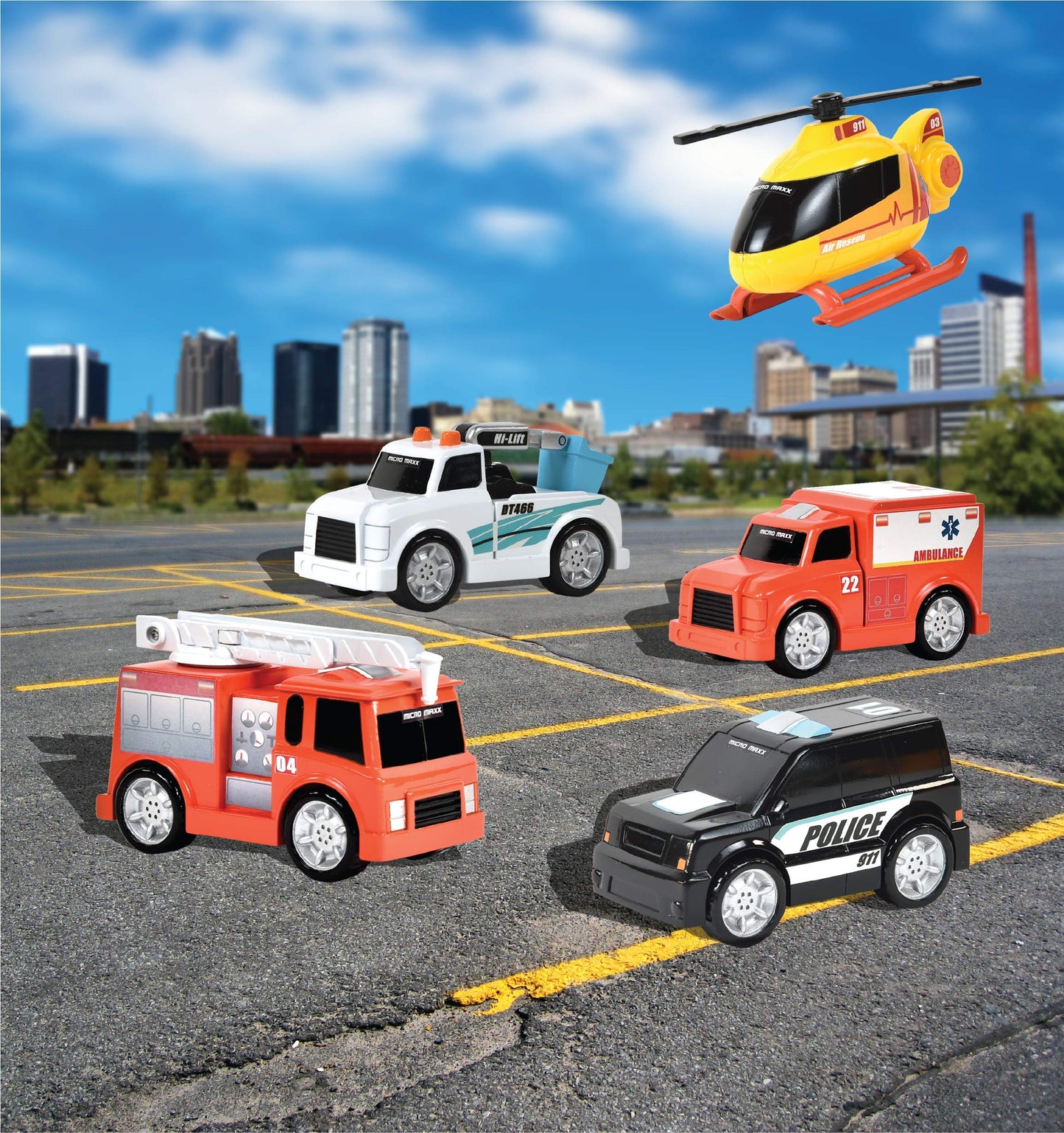 Sunny Days Entertainment Micro Mini City Vehicles – Rescue Toy Car and Truck Set for Kids | Firetruck Helicopter Police Ambulance | Free Wheeling with Moving Parts – Maxx Action