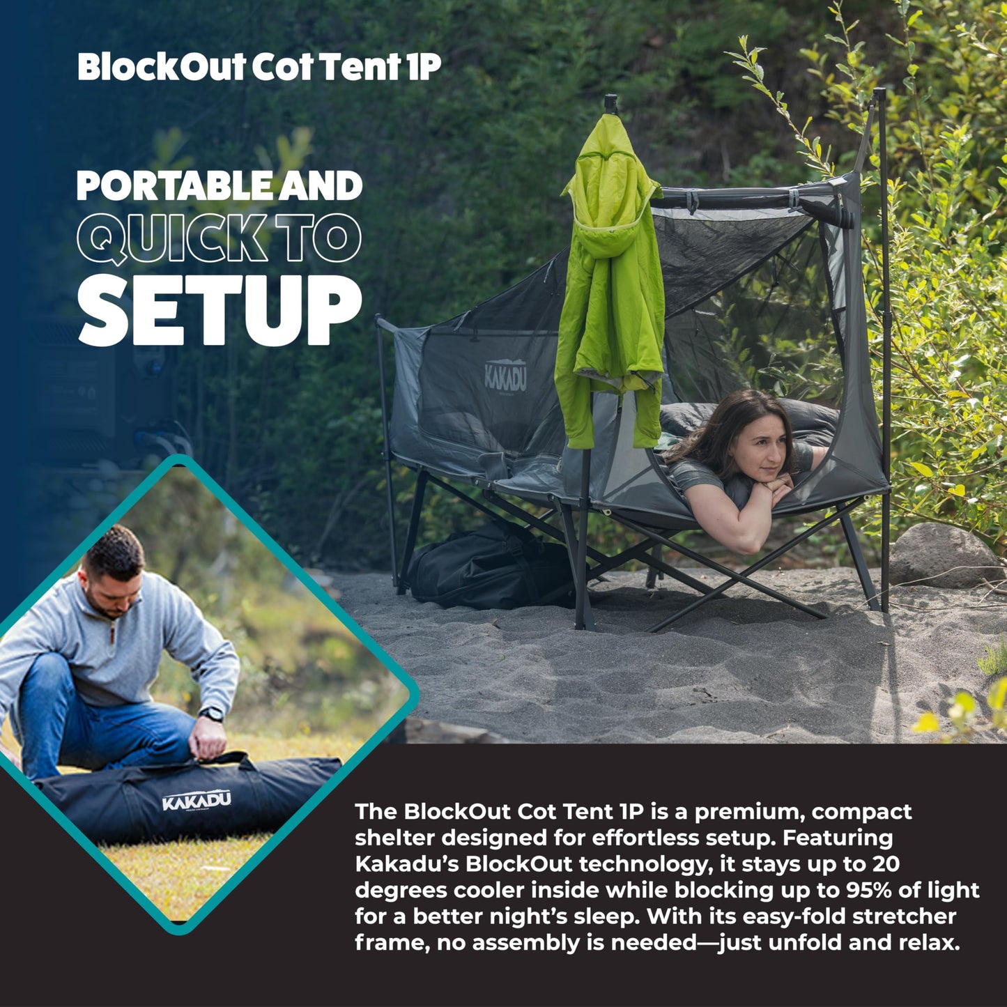 Kakadu Camping Tent Cot, 1 Person, 1 Minute Easy Setup, Folding, Compact, Elevated Tent with BlockOut Rain Fly, Awning Poles, Ultra-Fine Mesh Windows, and Carry Bag