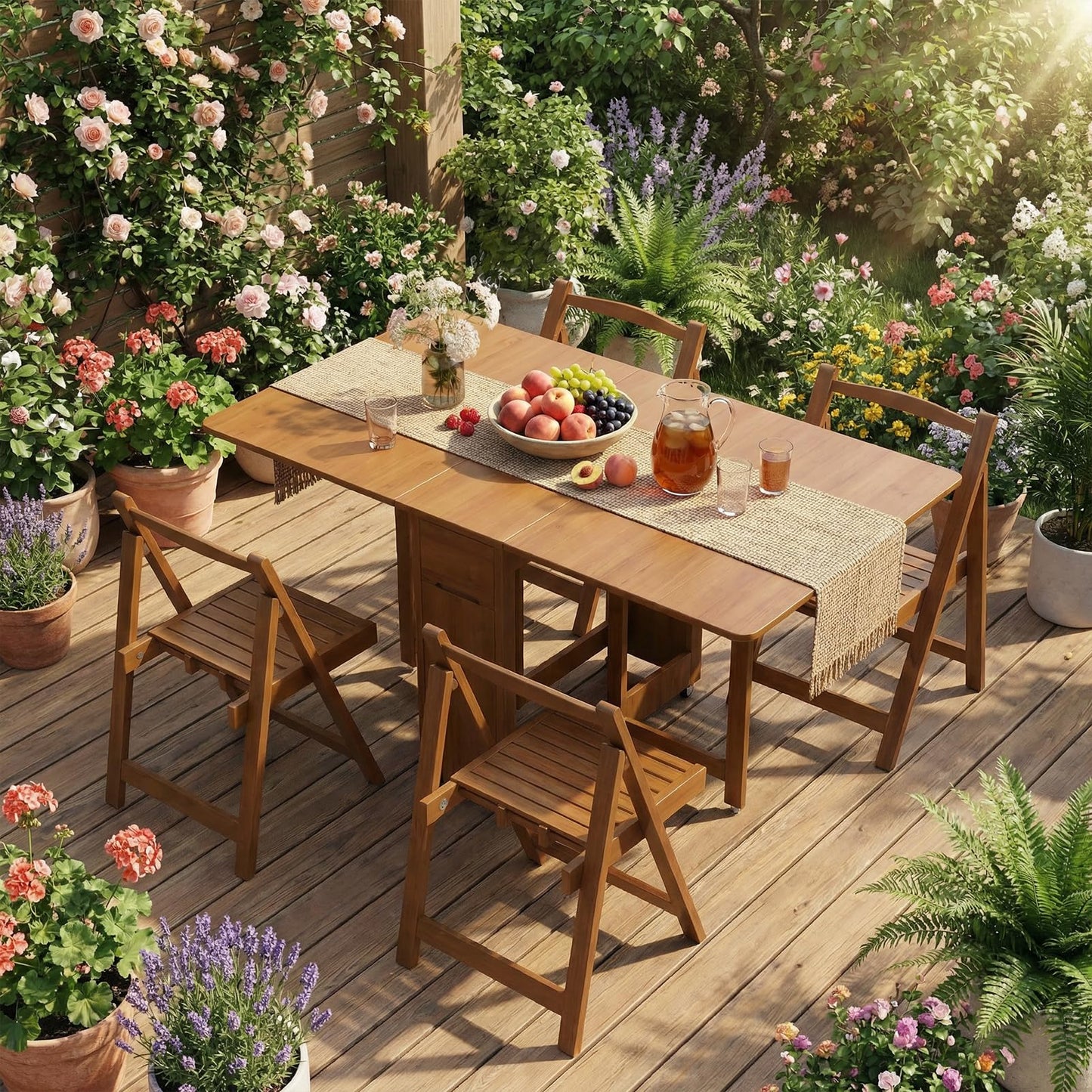 Folding Dining Table Set with 4 Chairs, Drop Leaf Foldable Table on Wheels, Collapsible Dinette Table with Hidden Chair Storage, Space Saving Folding Dinner Table Set for Small Apartments