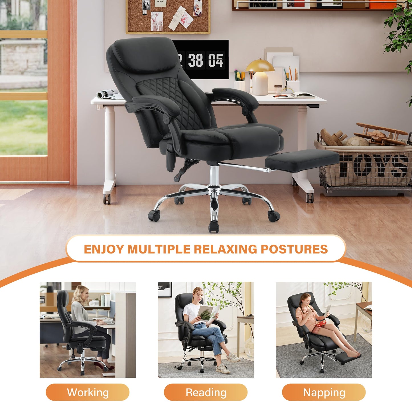 500LBS Massage Office Chair, 6 Points Vibration & Heat Executive Office Chairs, 135°Reclining Comfy Desk Chair with Footrest, Wider & Thicker Seat Cushion, PU Leather Big and Tall Gaming Chair, Black