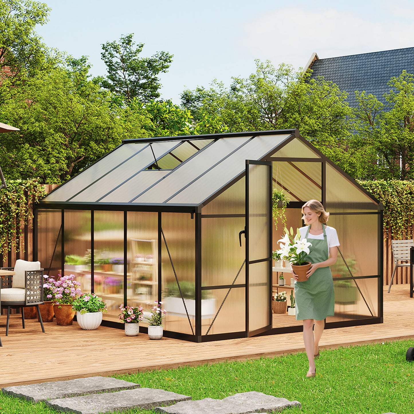8X10 FT Outdoor Polycarbonate Greenhouse, Sturdy Aluminum Frame, Adjustable Roof Vent, Ideal for Backyard, Patio, or Garden, All-Weather Green House for Growing Plants and Vegetables
