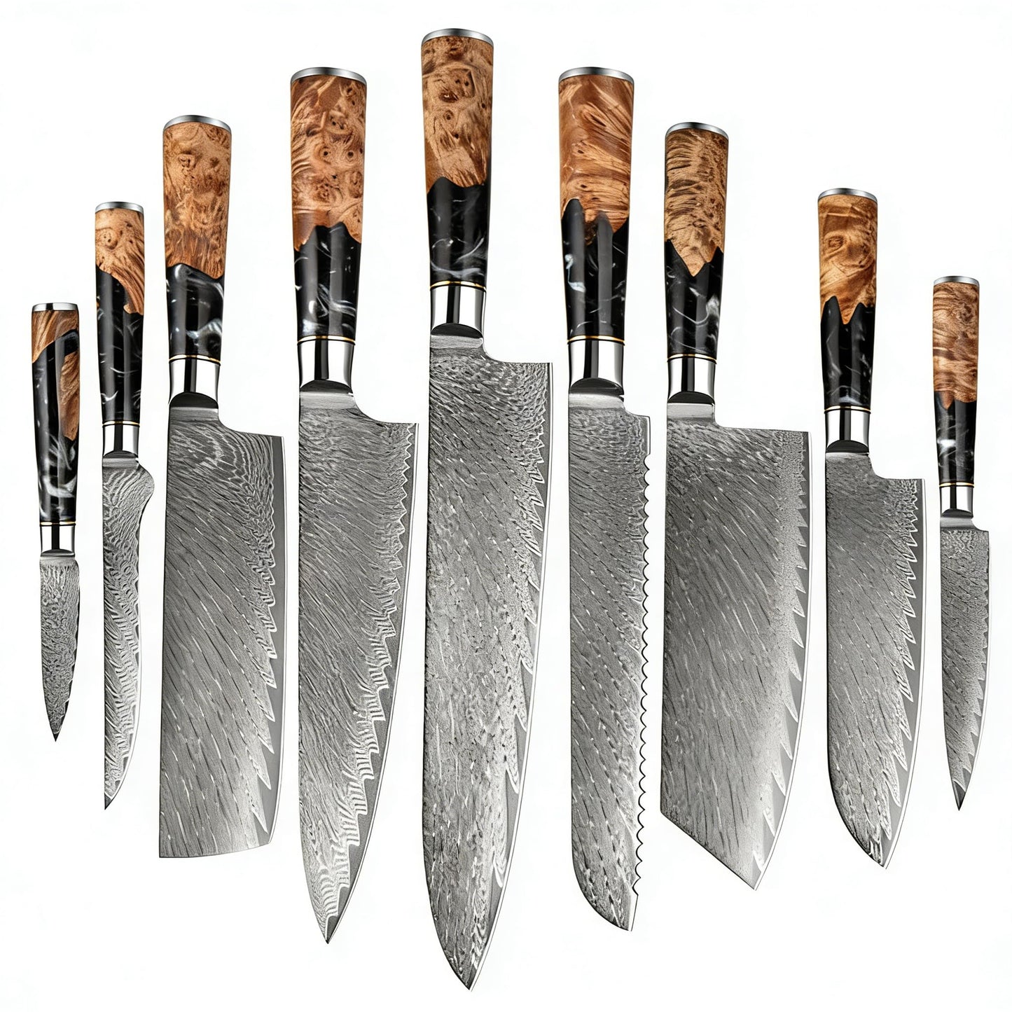 9 PCS Damascus Kitchen Knife Set - 67-Layer High-Carbon Damascus Steel, Pro Chef/Slicing/Utility/Paring Knives & Sharp Cleaver, Ergonomic Rosewood Handles, Ideal for Home/Pro Cooks (Black 9J)