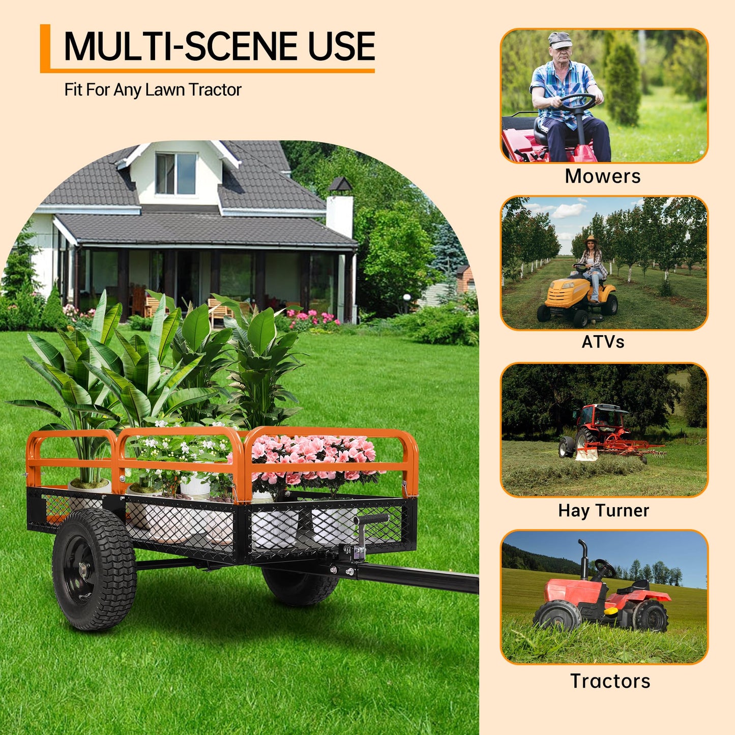 Heavy Duty Dump Cart ATV/UTV Trailer,1600 Lbs 15 Cubic Feet,Garden Trailer Pull Behind with Removable Sides & All Terrain Tires,for Lawn Tractor, Mower, Garden,Orange