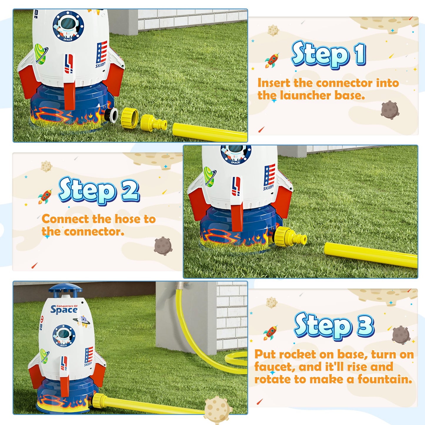 Skirfy Sprinkler Rocket Launcher Outdoor Water Toys for Kids, Rocket Design Water Powered Liftoff 9-16ft & Spin, Summer Garden Lawn Toys & Birthday Gift for Girls Boys Age 3-12 Year Old （White）
