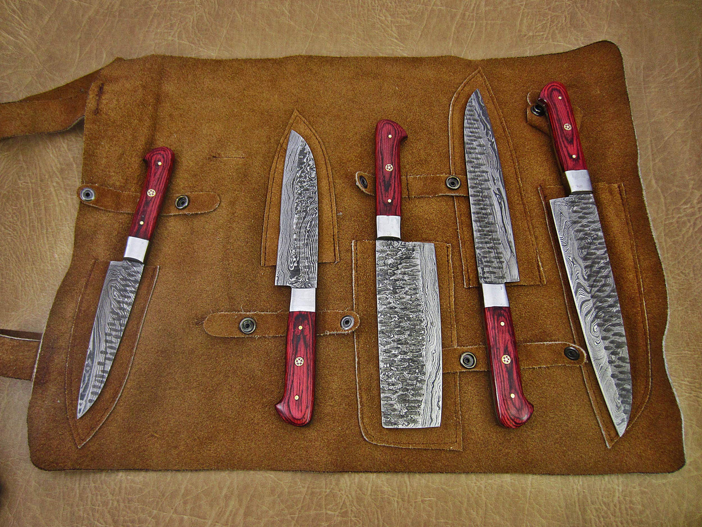 5 Pieces Damascus Steel Hammered Kitchen Knife Set, 2 Tone Wine Wood Scale, 54 inches Long Sharp Knives, Custom Made Hand Forged Hammered Damascus Steel Blade, Goat Suede Roll Leather Sheath