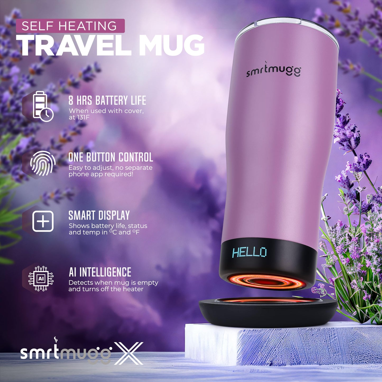 SmrtMugg X Heated Coffee Mug 19 oz., 8 Hour Battery Life, Self-Heating, Adjustable Temp Controlled, LCD Screen, Includes Cover with Magnetic Slider (Black) (Lilac)