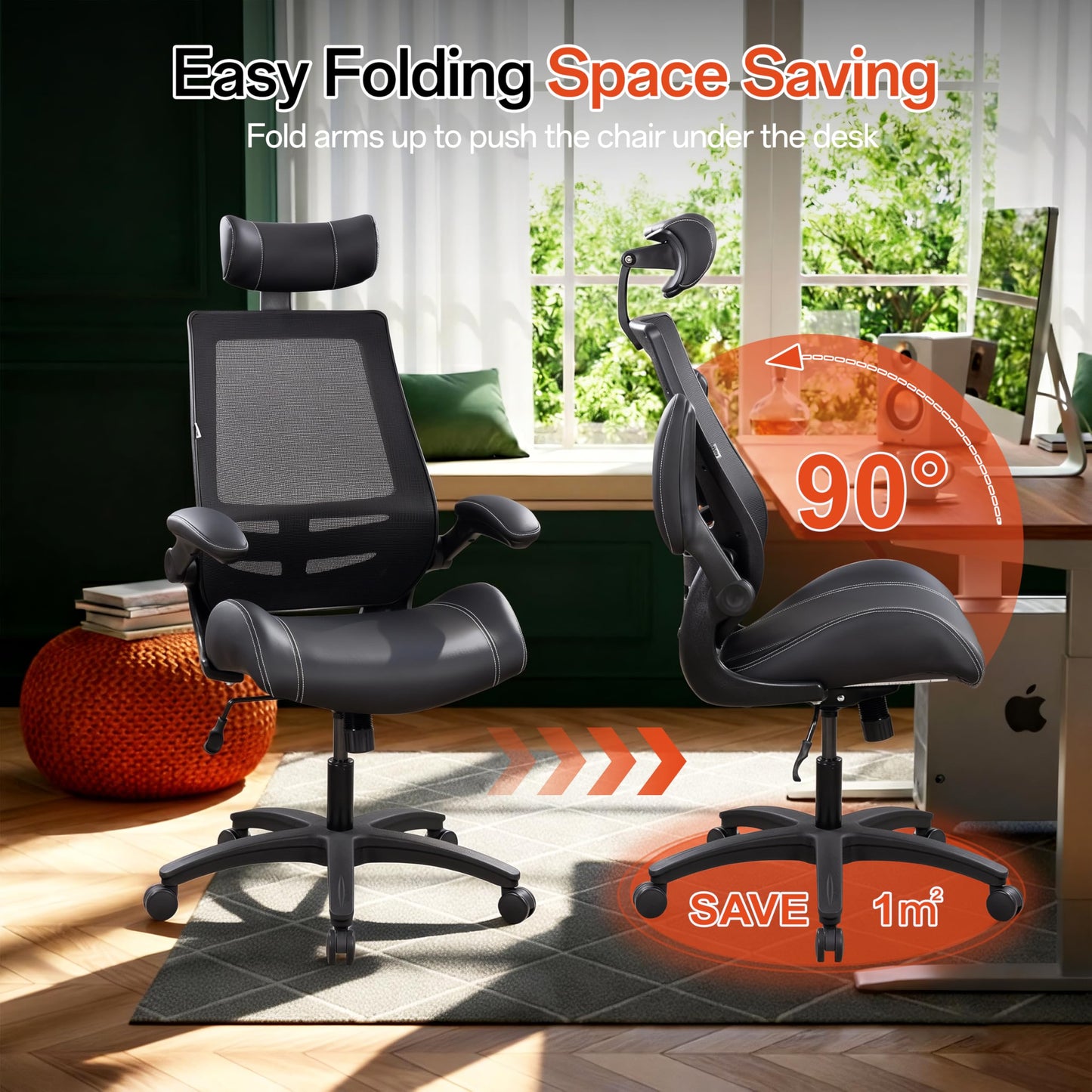 BOLISS Microleather 400lbs Office Chair High-Back Ergonomic Desk Chair with Extra-Thick High-Density Foam Seat, Adjustable Headrest, 90° Flip-Up Arms, and Rocking Tilt for Home & Office