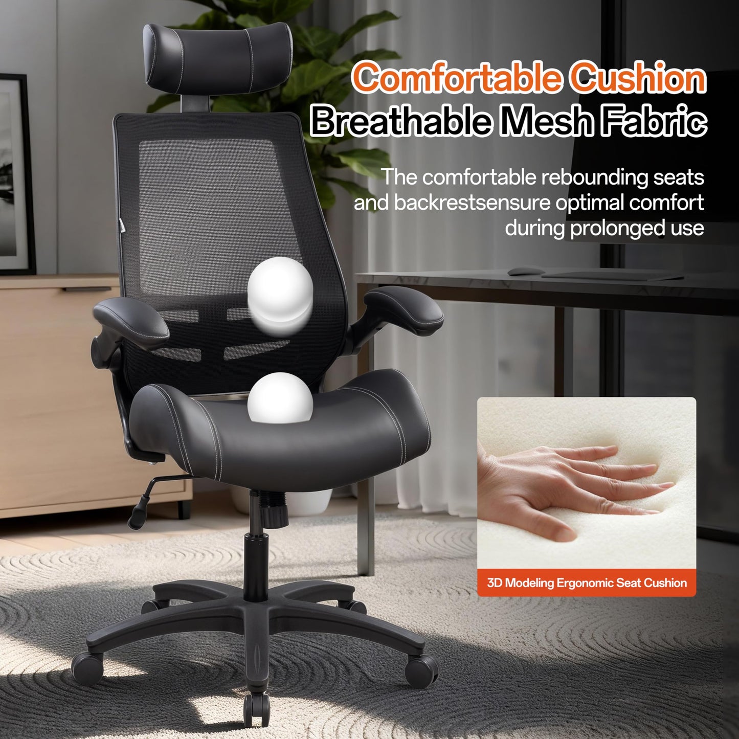 BOLISS Microleather 400lbs Office Chair High-Back Ergonomic Desk Chair with Extra-Thick High-Density Foam Seat, Adjustable Headrest, 90° Flip-Up Arms, and Rocking Tilt for Home & Office