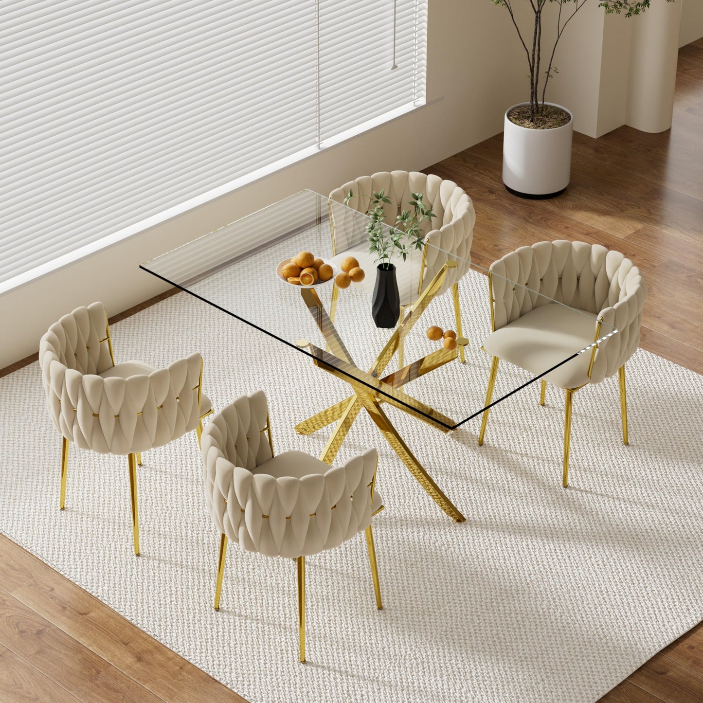 HAIZAO 63" Glass Dining Table for 4-6, Contemporary Rectangular Dining Room Table with Tempered Glass Top & Gold Finish Stainless Steel Legs, Modern Large Dining Table for Home Kitchen