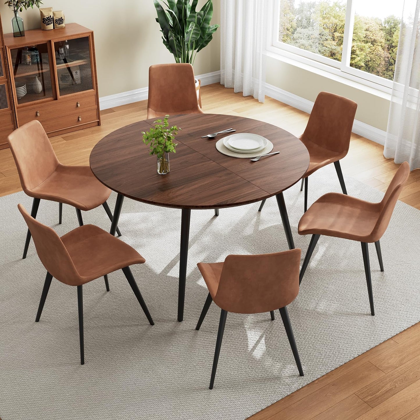 HIPIHOM 43.3"-59.1" Extendable Round Dining Table Set for 6, Mid Century Modern Wooden Round Table, Leisure Coffee Table,w/ 6 PU Leather Chairs